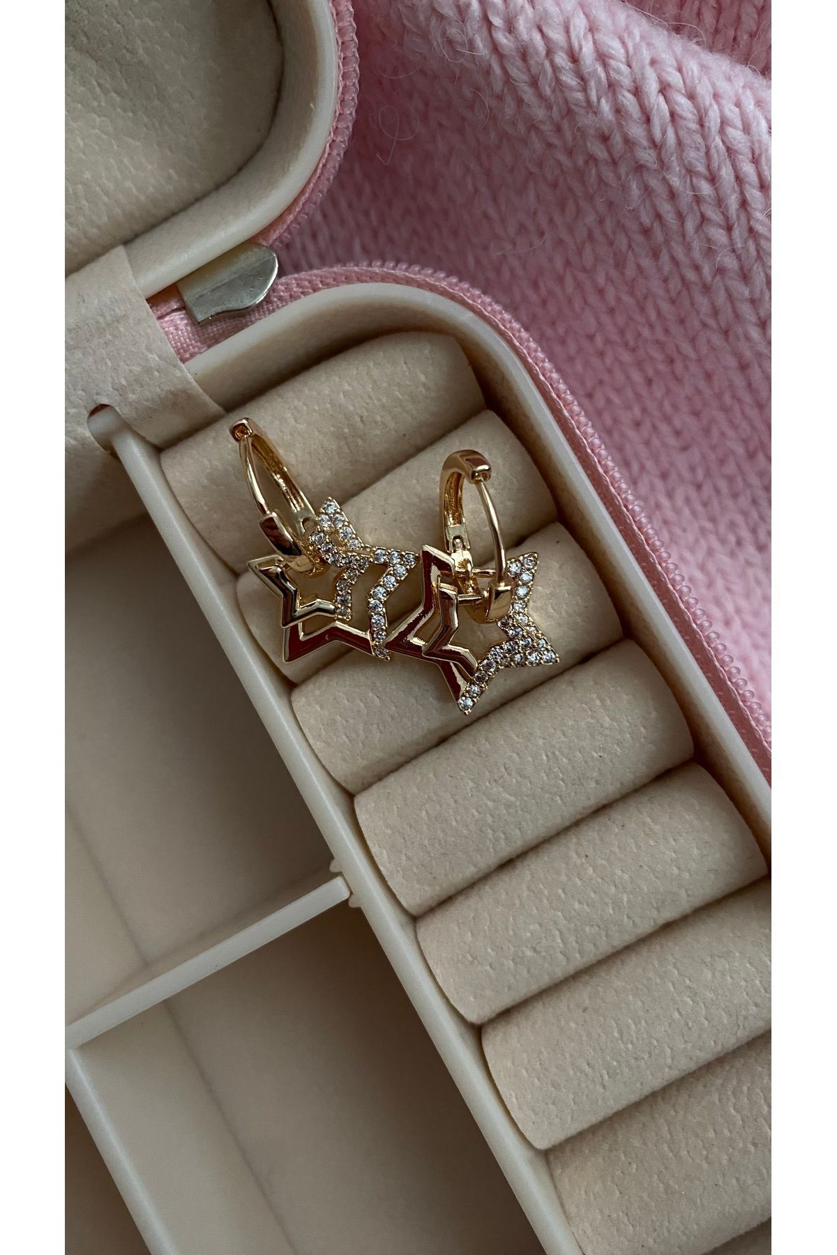 JEWELRY ÇELİK GOLD ÇİFT YILDIZ SALLANTILI KÜPE