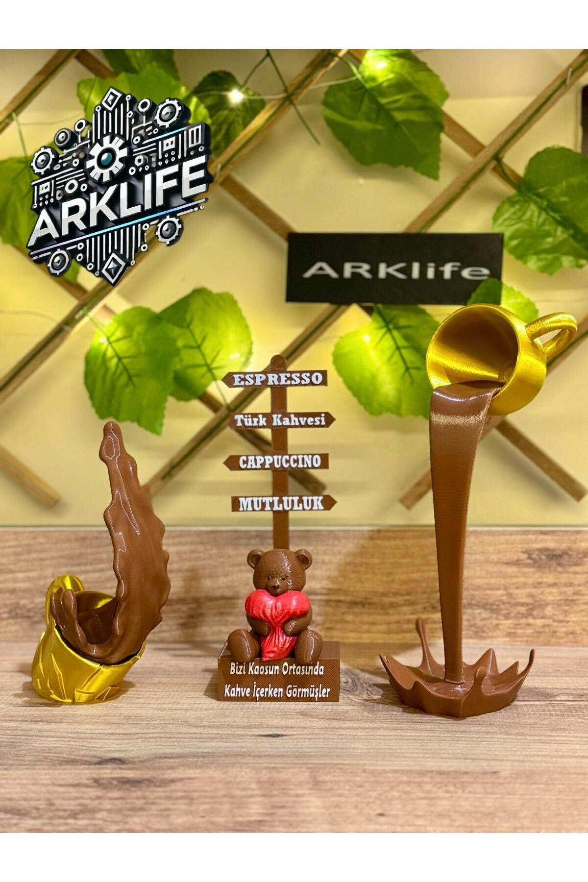 ARKlife 3D Electronic 3'lü Set Özel Tasarım Kahve Tabelası Ayıcık Detaylı Gold Renkli Kırılan Ve Dökülen Kahve Fincanı