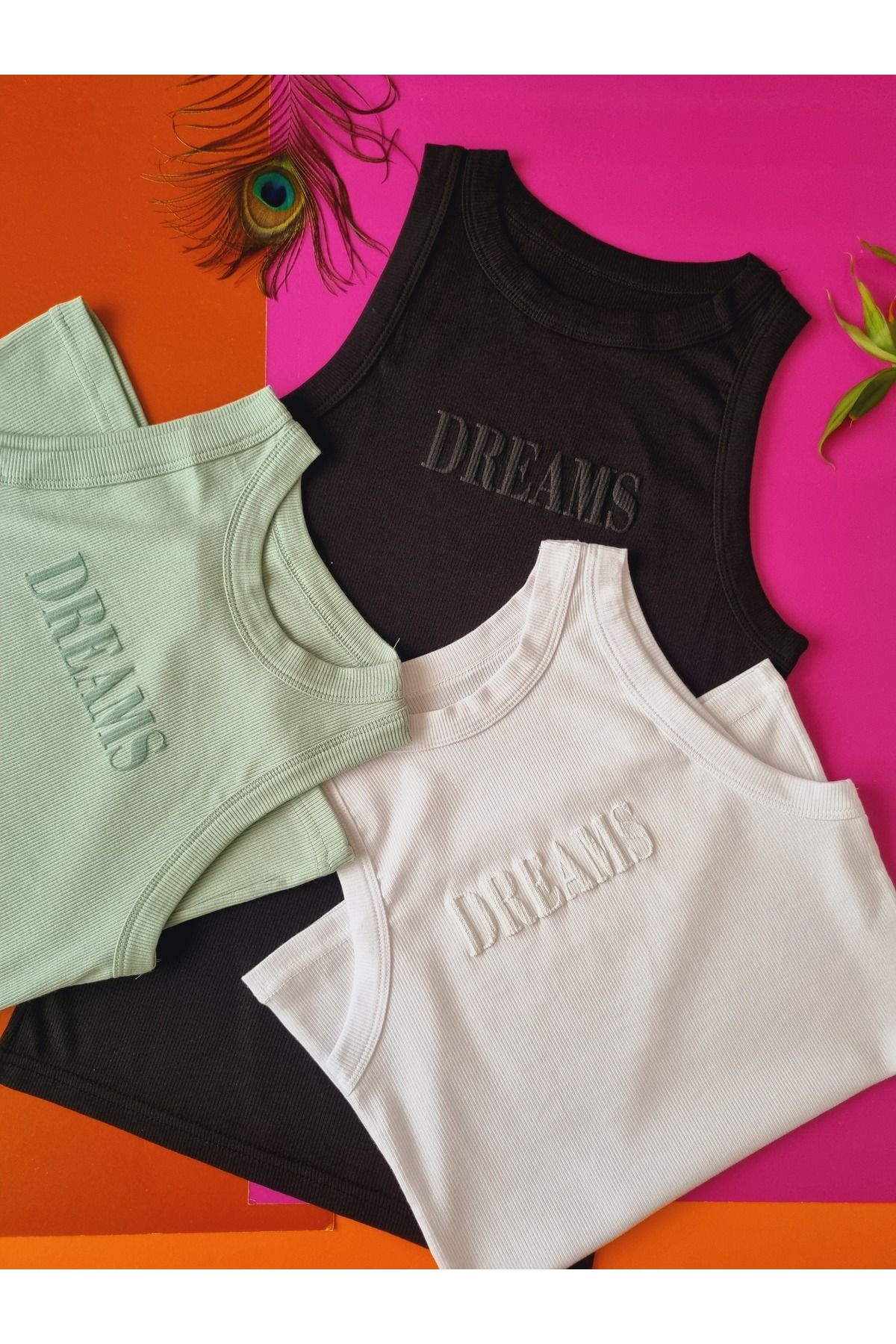 Demirsa Boutique Halter Yaka 3'lü Siyah, Yeşil Ve Beyaz Renk Modal Kaşkorse Kadın Atlet T-Shirt