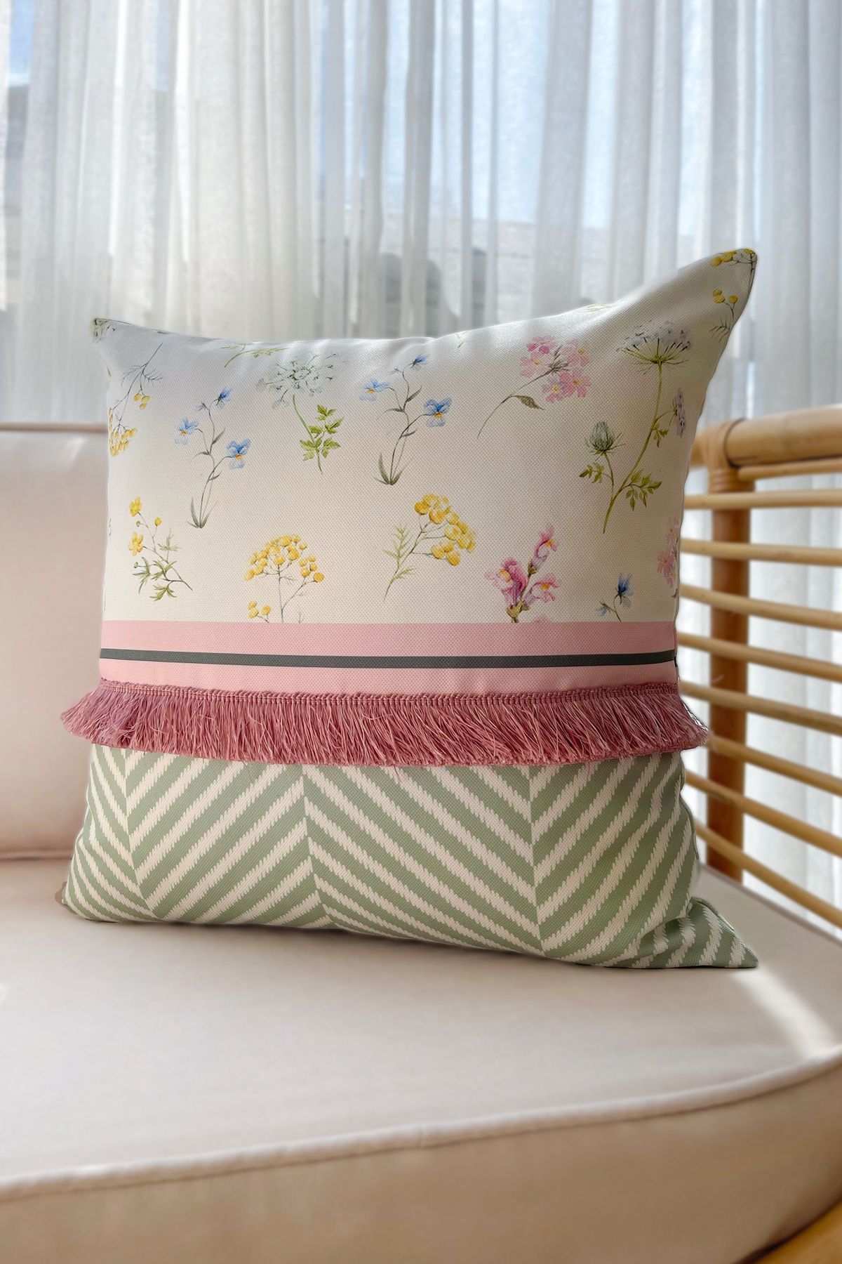 RİTMOHOME Botanik, Yaz, Bahar, Çiçek, Bitki, Püsküllü, Modern, Country, Bohem 50x50 Dekoratif Kırlent Kılıfı