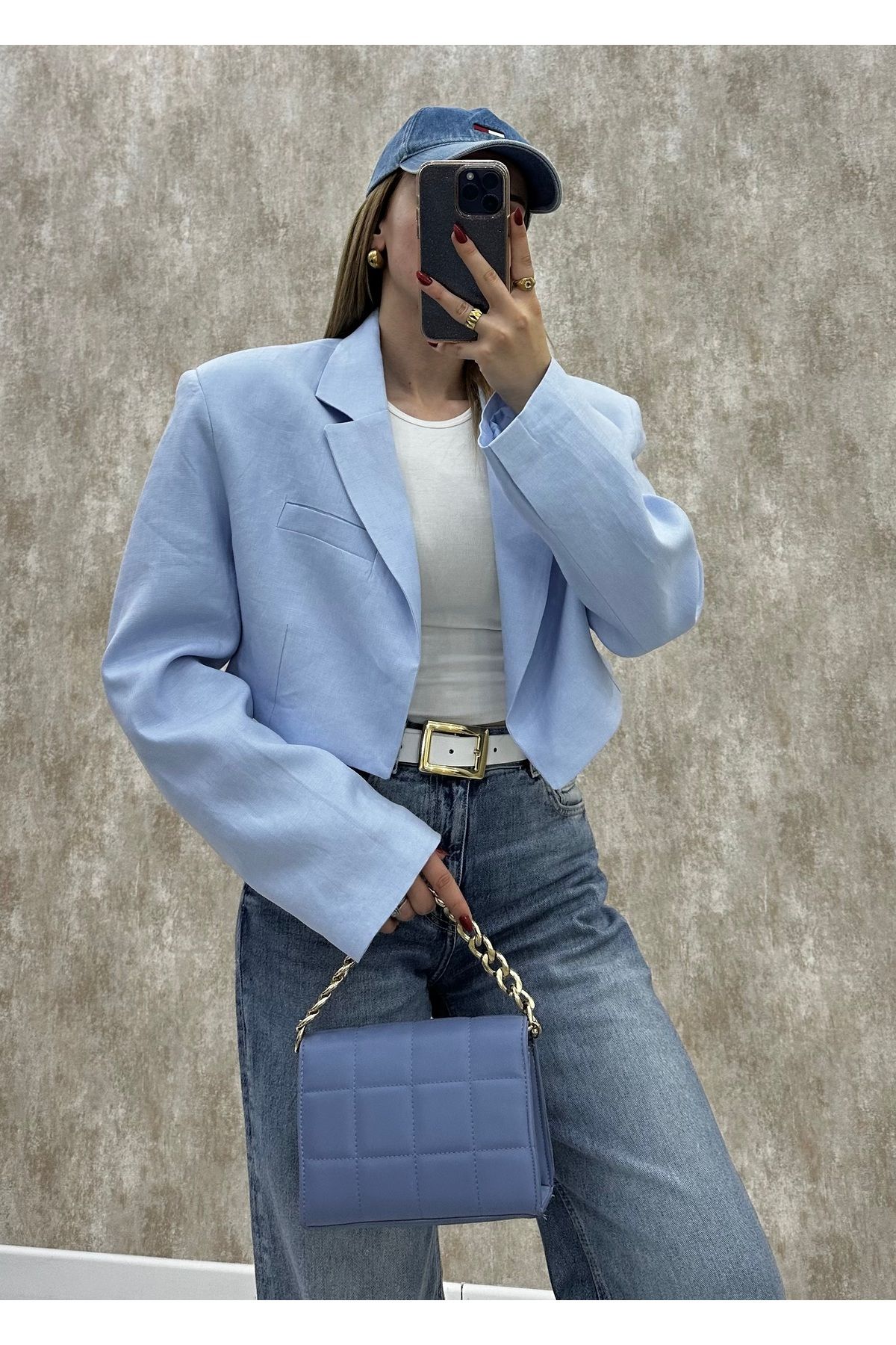 RAVİ Rv bebe mavi tasarım keten vatkalı crop ceket