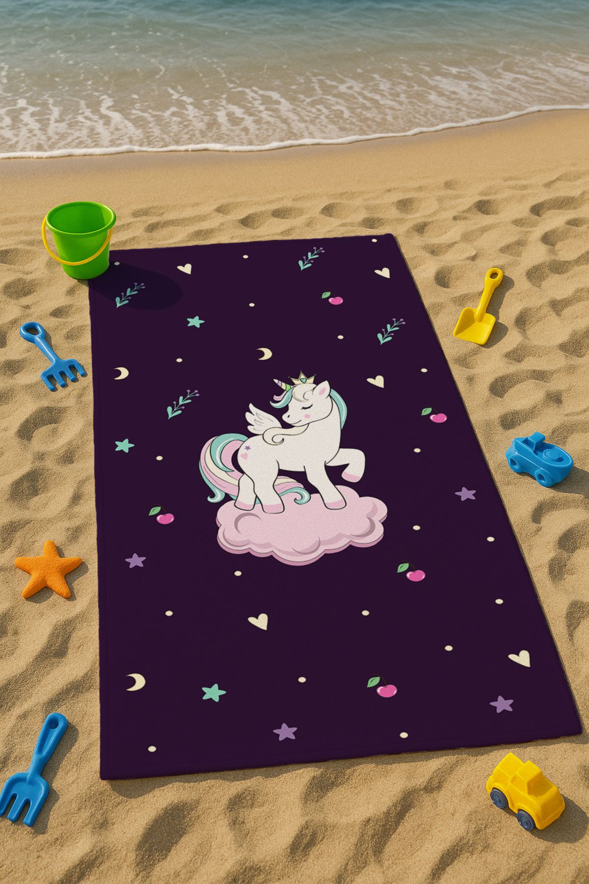 Talia Home Mor Bulutlu Unicorn Desenli Çocuk Plaj - Deniz- Havuz Havlusu TLAPH-179