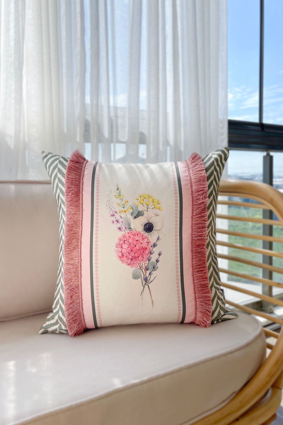 RİTMOHOME Botanik, Yaz, Bahar, Çiçek, Bitki, Püsküllü, Modern, Country, Bohem 50x50 Dekoratif Kırlent Kılıfı