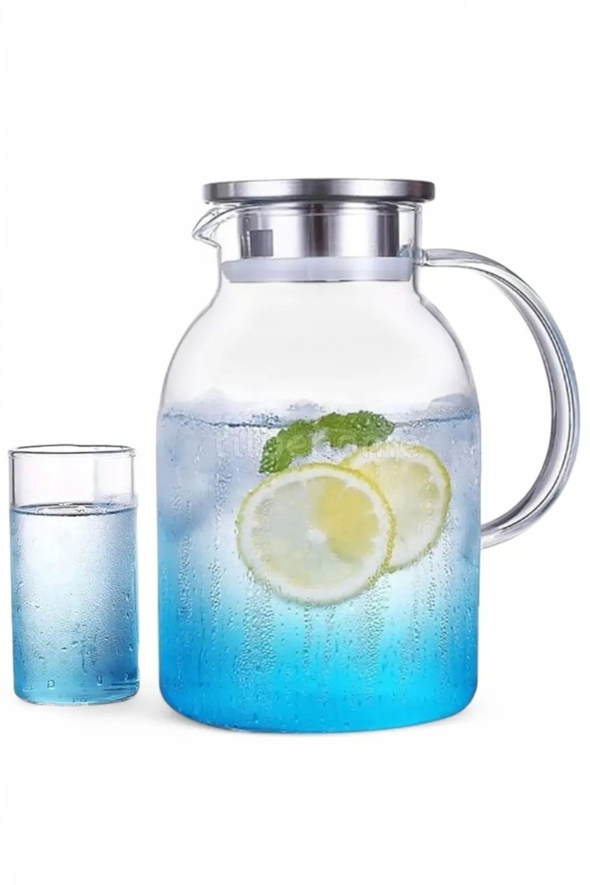 Maridet 1800ml Borosilikat Cam Sürahi Isıya Dayanıklı Metal Kapaklı Bitki Çayı Demliği Meşrubat Su Sürahisi