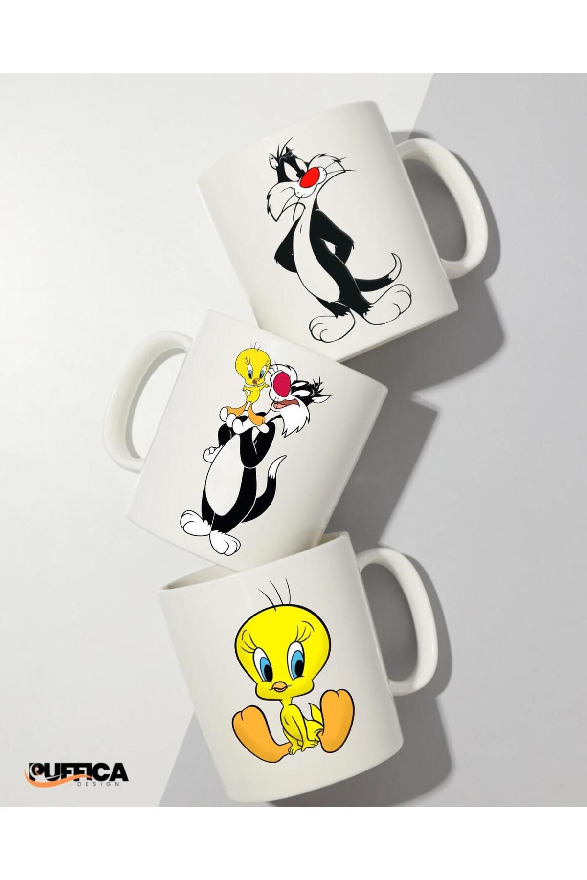 Puficca Tasarım 3 Adet Tweety ve Sylvester Baskılı Kupa Bardak