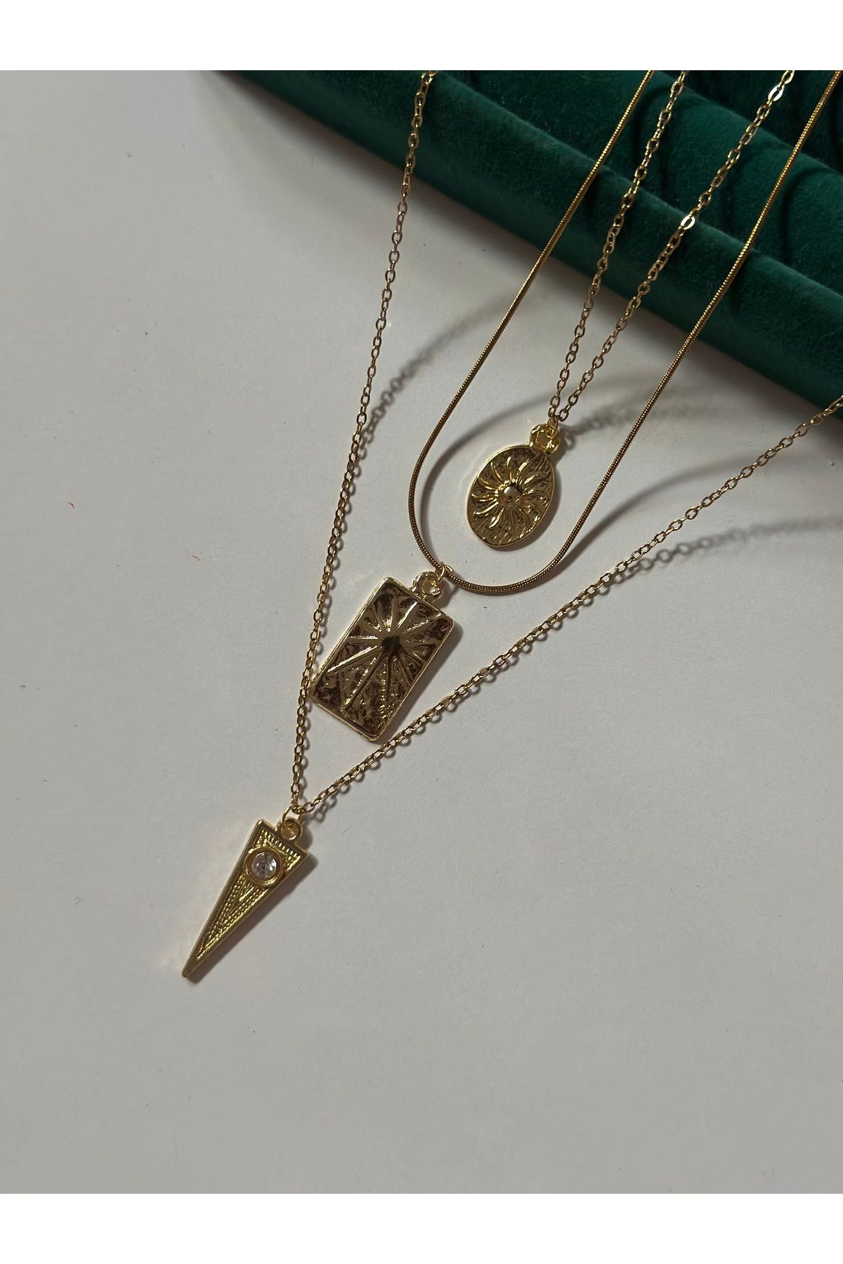 MİOSA 316L Çelik Antik Vintage Güneş Temalı Üçlü Gold Kolye Seti / Kombin Kolye