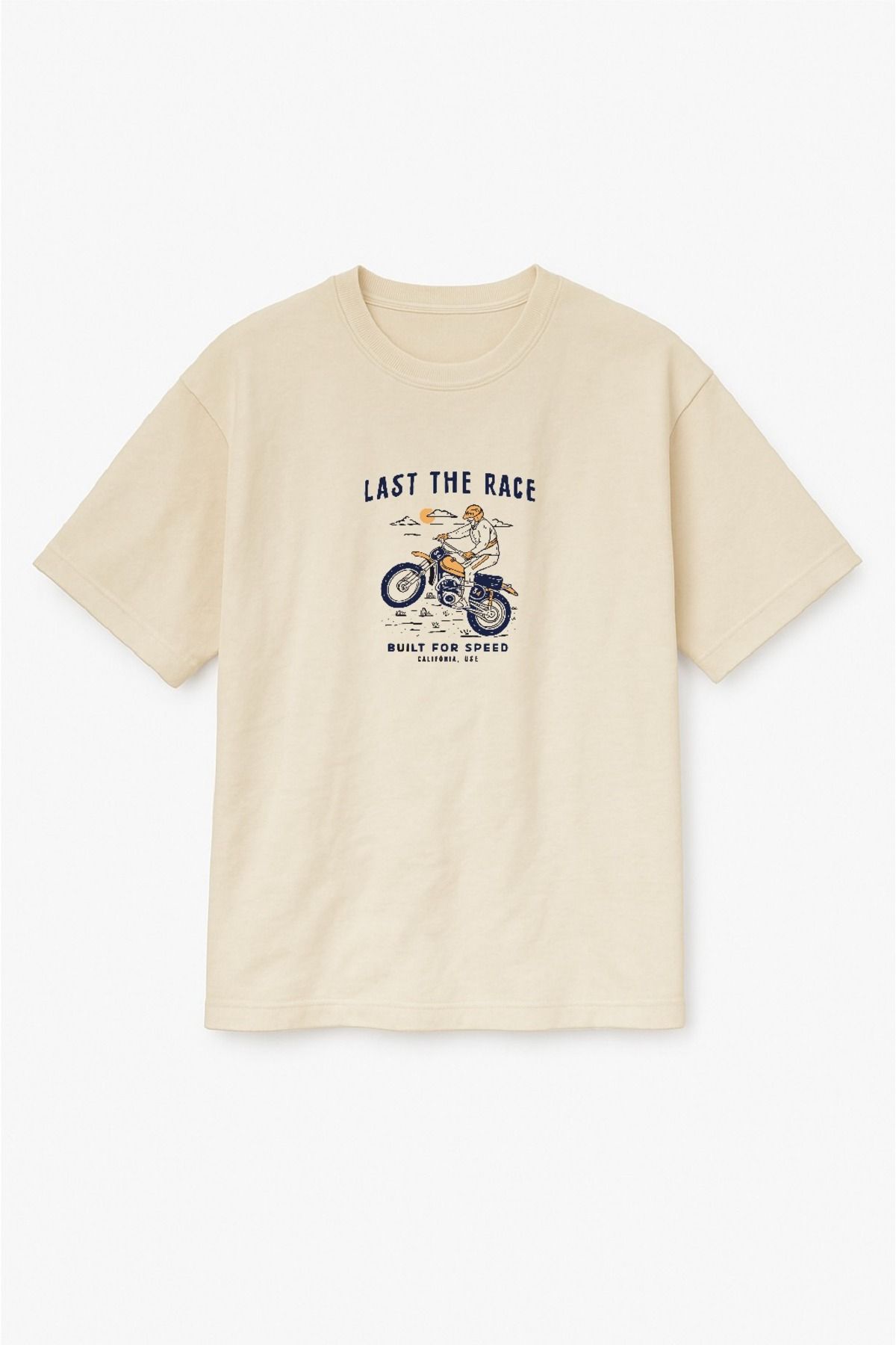 Altair Tr Bej Renk Oversize Last The Race Motosiklet Baskılı Unisex Tişört T-shirt