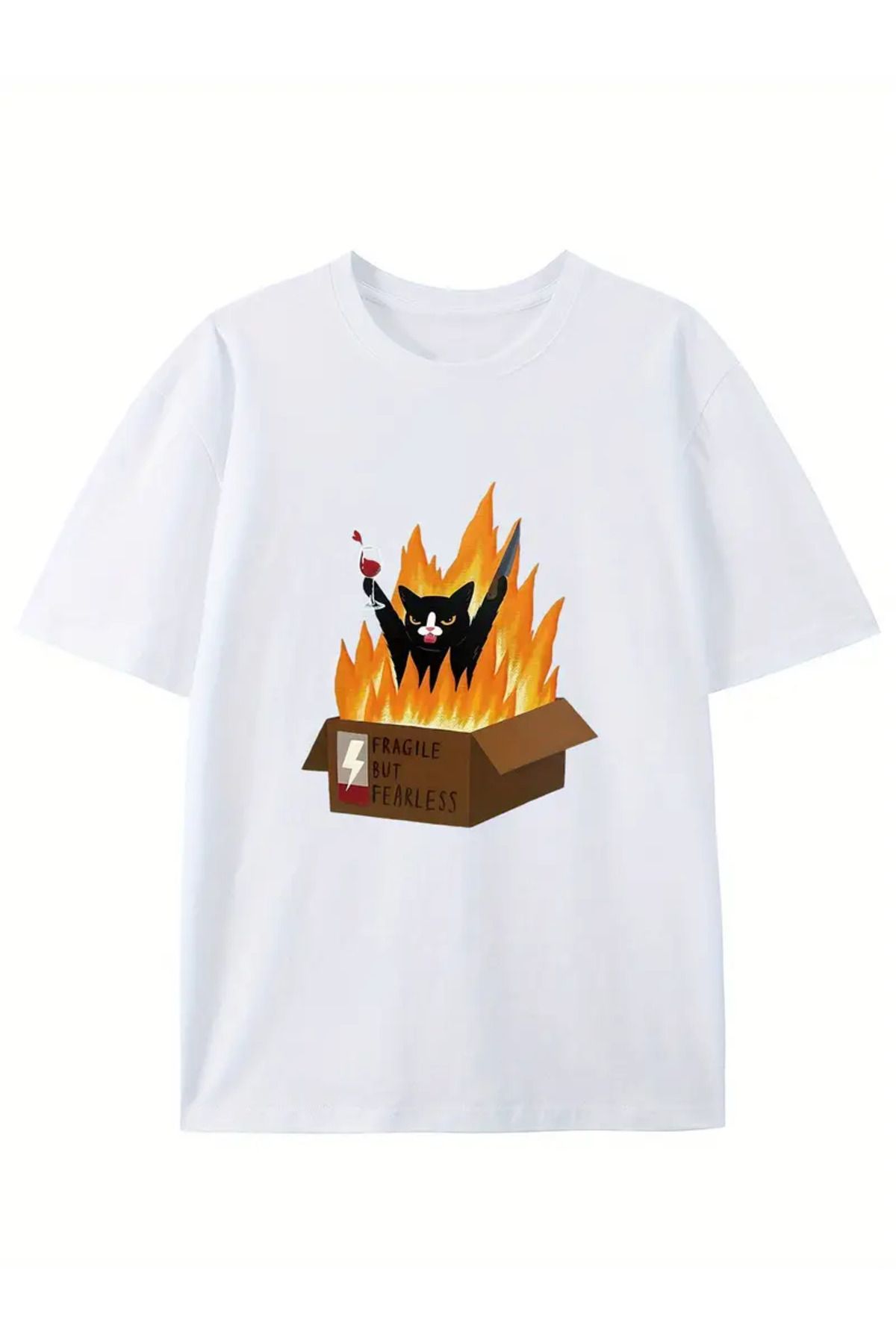 LUNAVISTA Cat In A Box Baskılı Bisiklet Yaka Kısa Kol T-shirt