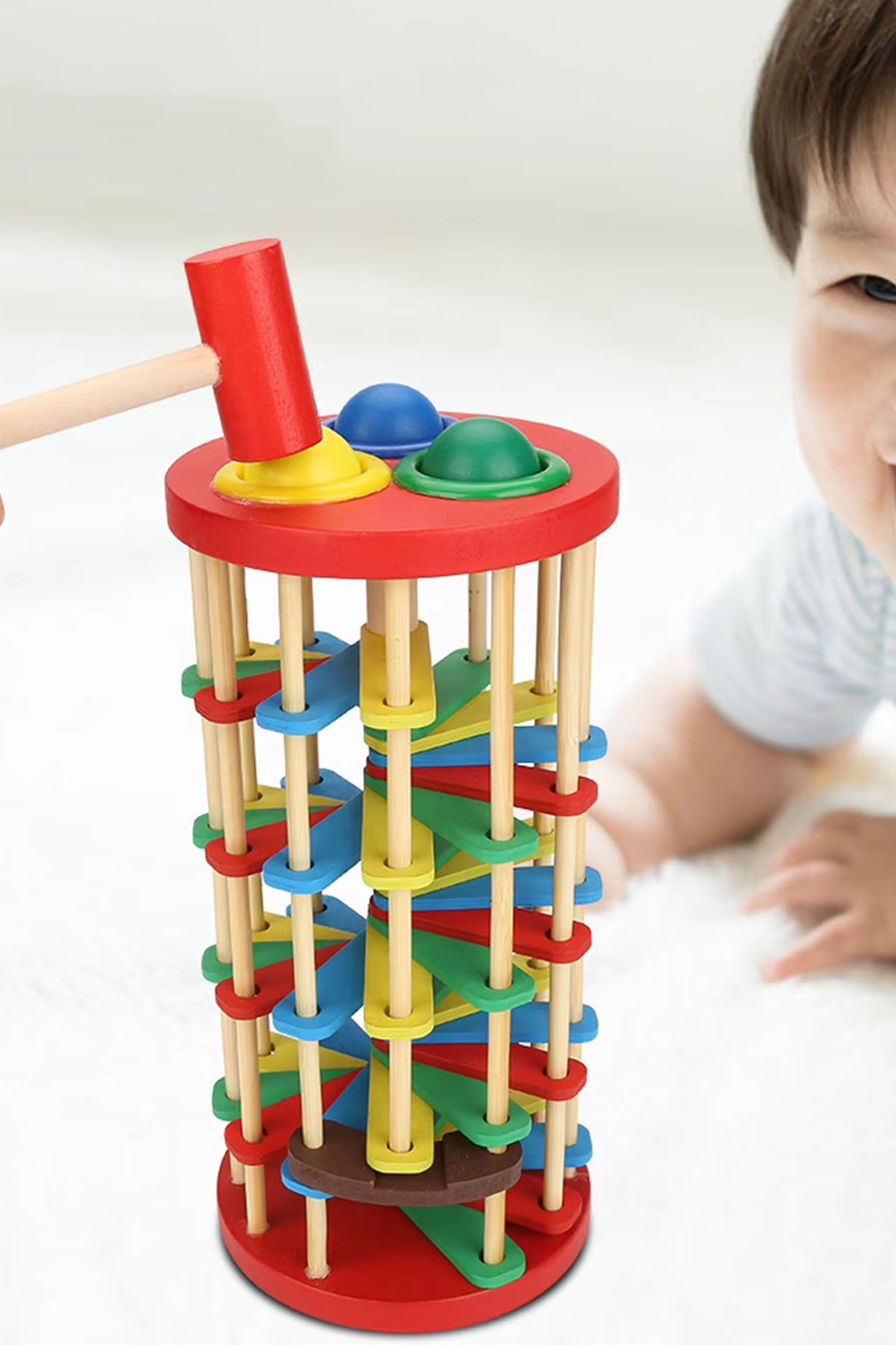 TechnoStation Eğitici Renkli Ahşap Vuruş Topu Merdiven Oyuncak Zeka Gelişimi Çocuk Okul Öncesi Hediye Oyun Seti