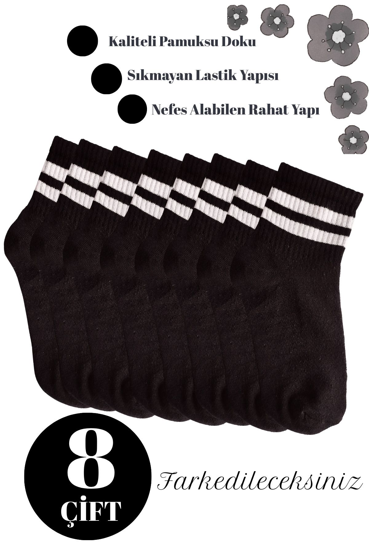 DİLRUBA AVM Kaliteli Pamuklu Yumuşak Unisex Halka Desenli Kolej Çorap (8 Çift)