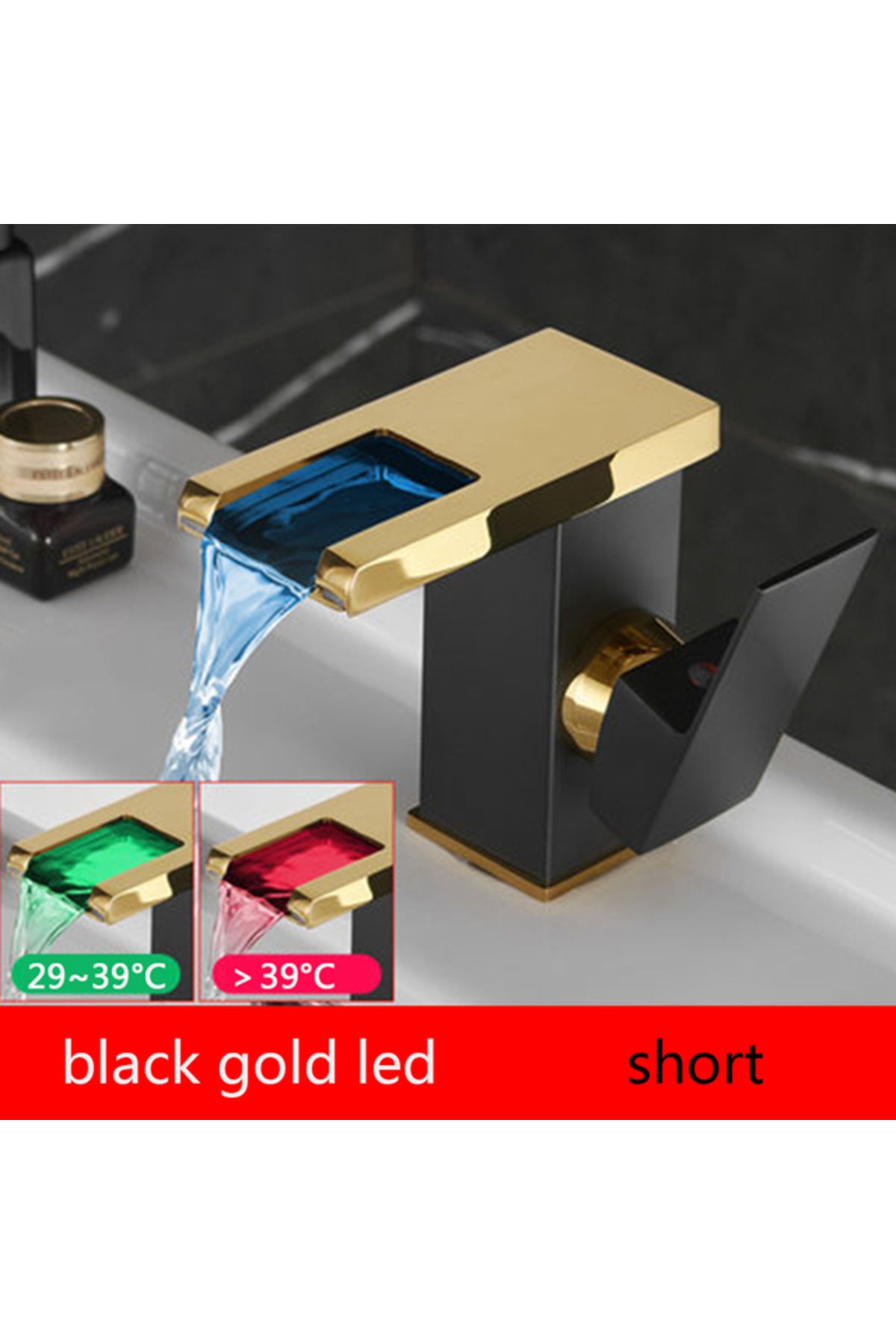 Blackswan Design-Baterie chiuveta baie, Blackswan, Tip M194, negru/ auriu scurt cu pipa cascada si LED, 12.5 cm 2