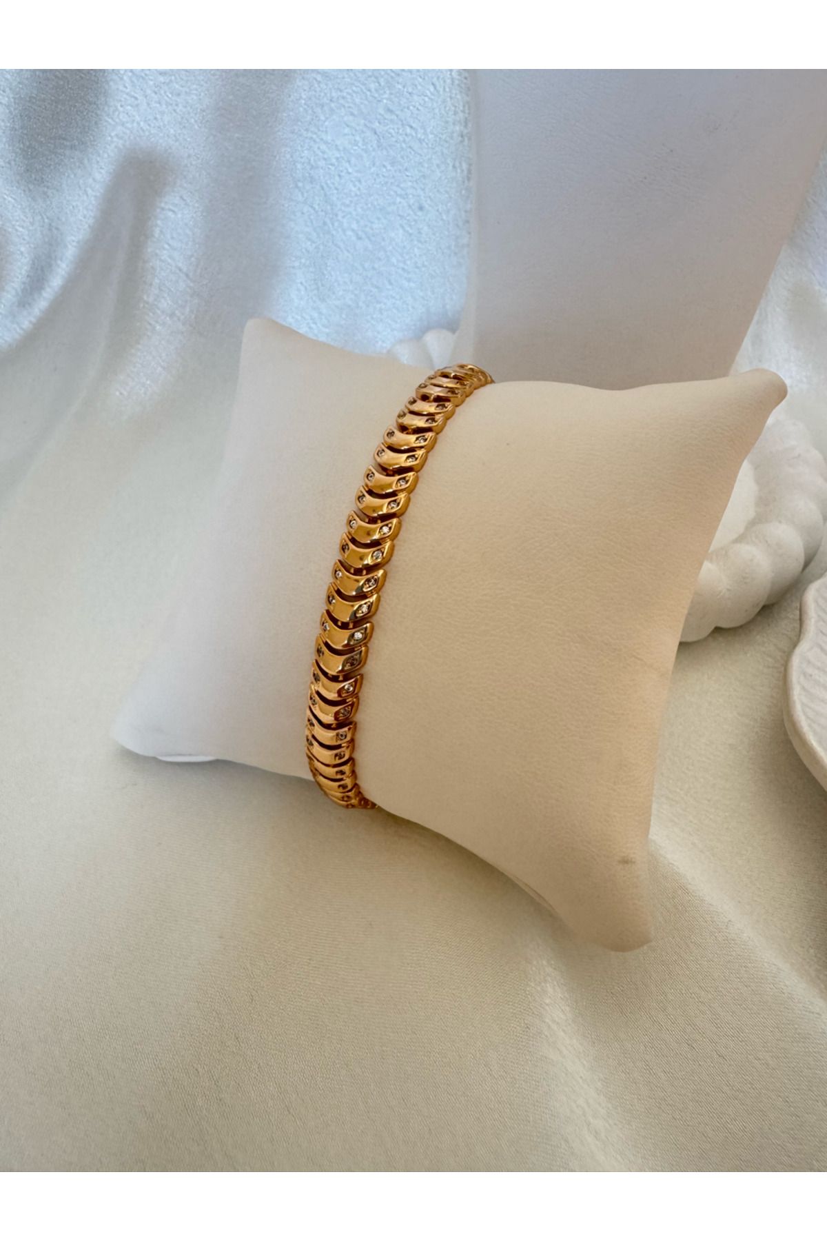 sahidesignatelier Çelik Bileklik - Gold Zirkon Taşlı Çelik Örme Bileklik