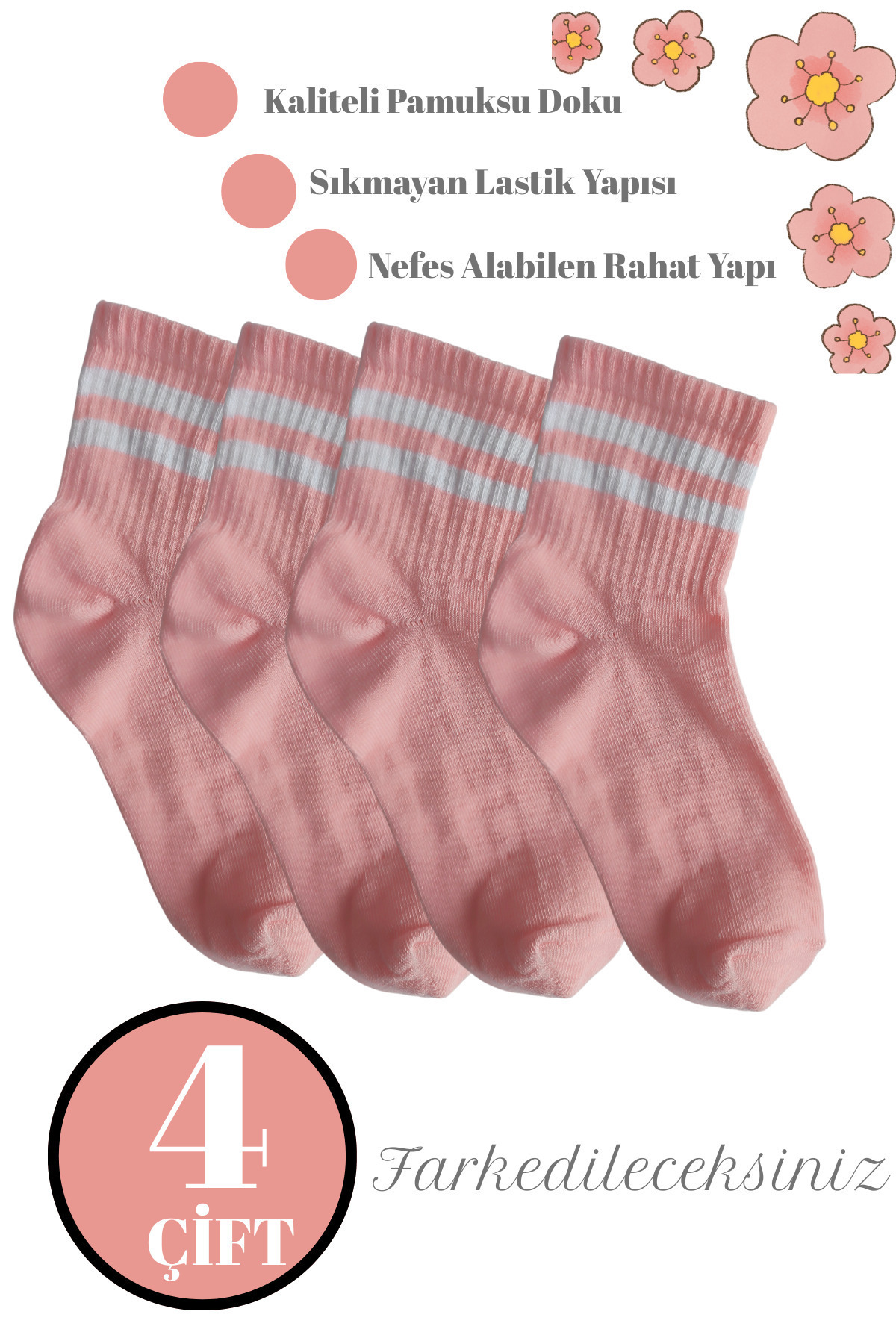 DİLRUBA AVM Unisex Kaliteli Pamuklu Yumuşak Kadın Erkek Halka Desenli Kolej Çorap (4 Çift)