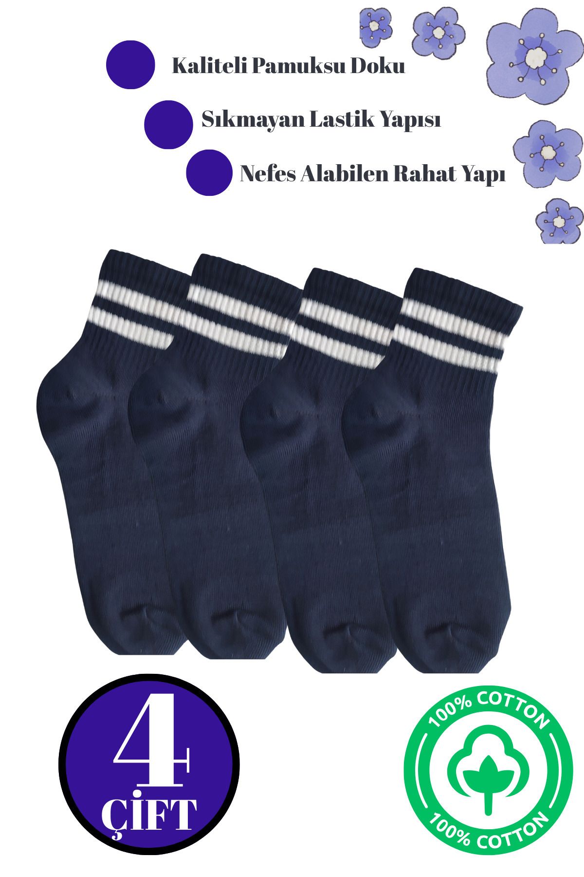 DİLRUBA AVM Unisex Kaliteli Pamuklu Yumuşak Kadın Erkek Halka Desenli Kolej Çorap (4 Çift)