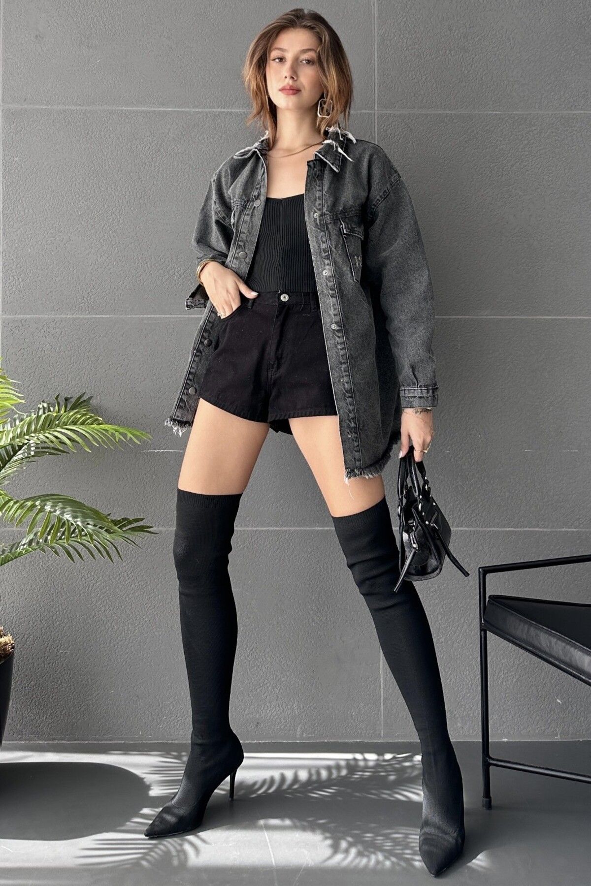 PİNK STAR Çift Cepli Yırtık Detaylı Oversize Gömlek Ceket