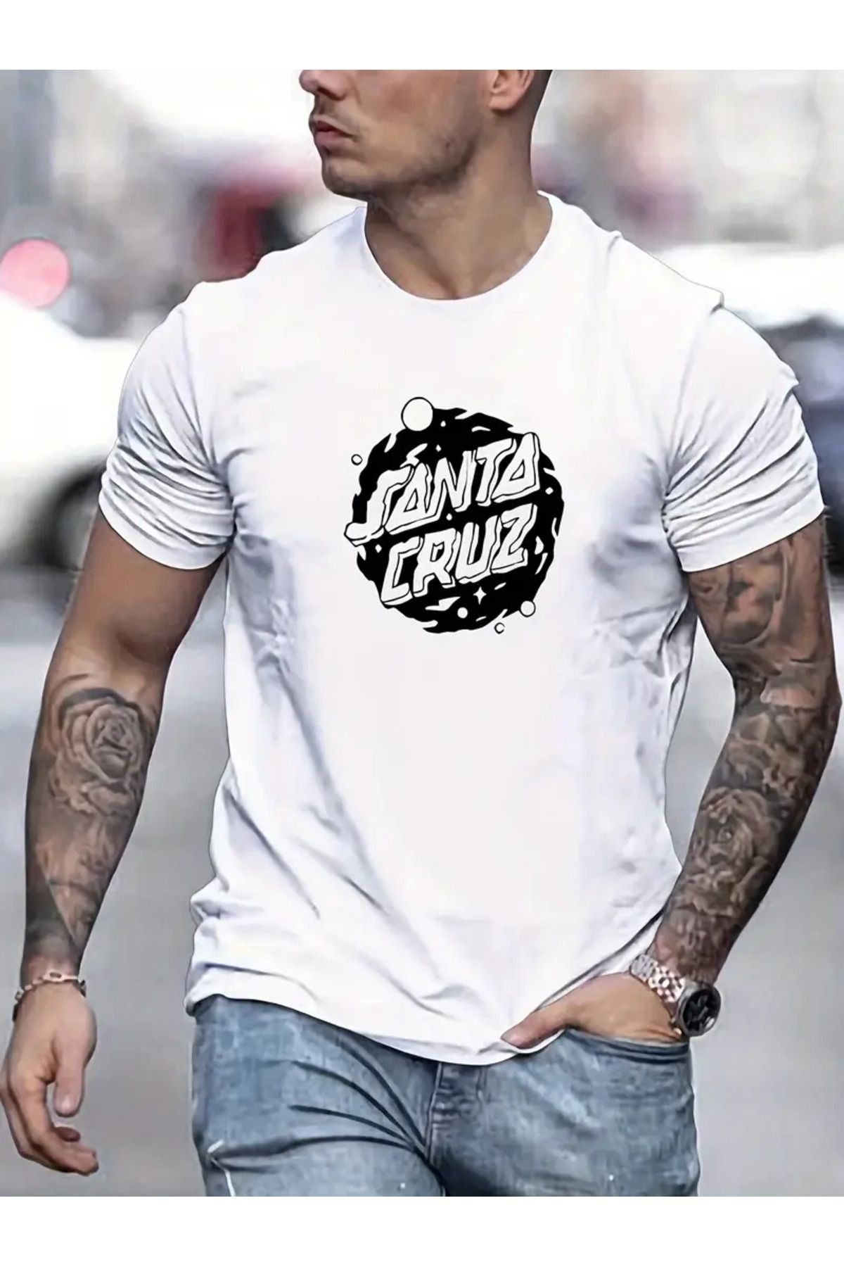 AEMİ Unisex Santa Cruz Baskılı Oversize Bisiklet Yaka T-shirt