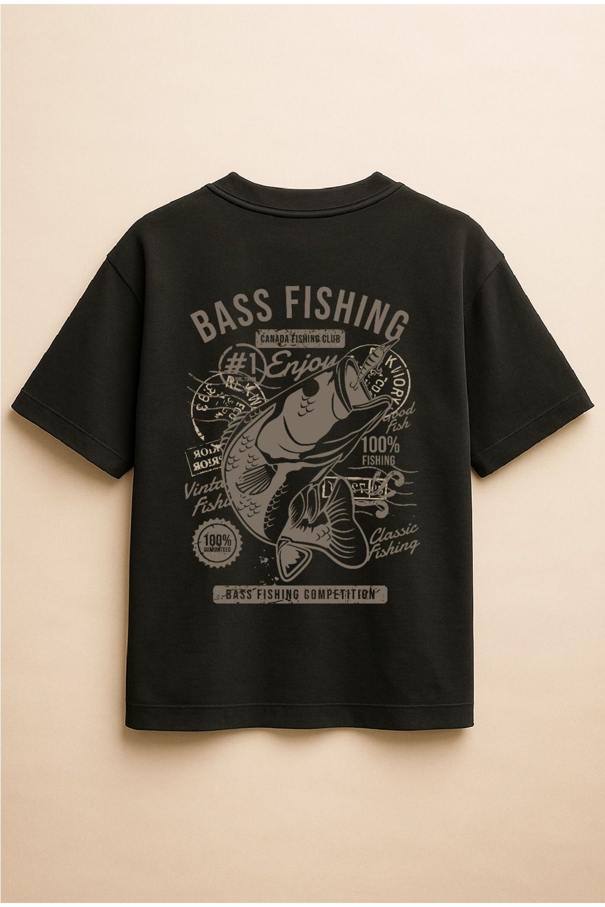 Altair Tr Siyah Renk Oversize Bass Fishing Balık Baskılı Unisex Tişört T-shirt