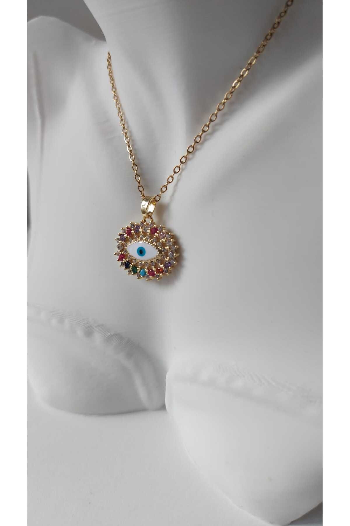 staınless steel RUSECA JEWELRY RENGARENK ZİRKON TAŞLI GÖZ KOLYE GOLD
