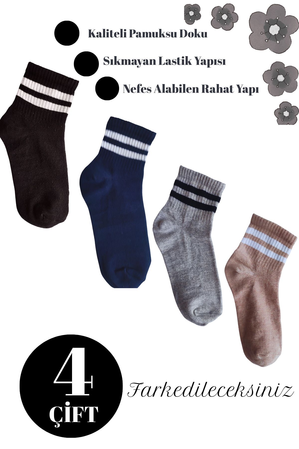DİLRUBA AVM Unisex Kaliteli Pamuklu Yumuşak Kadın Erkek Halka Desenli Kolej Çorap (4 Çift)