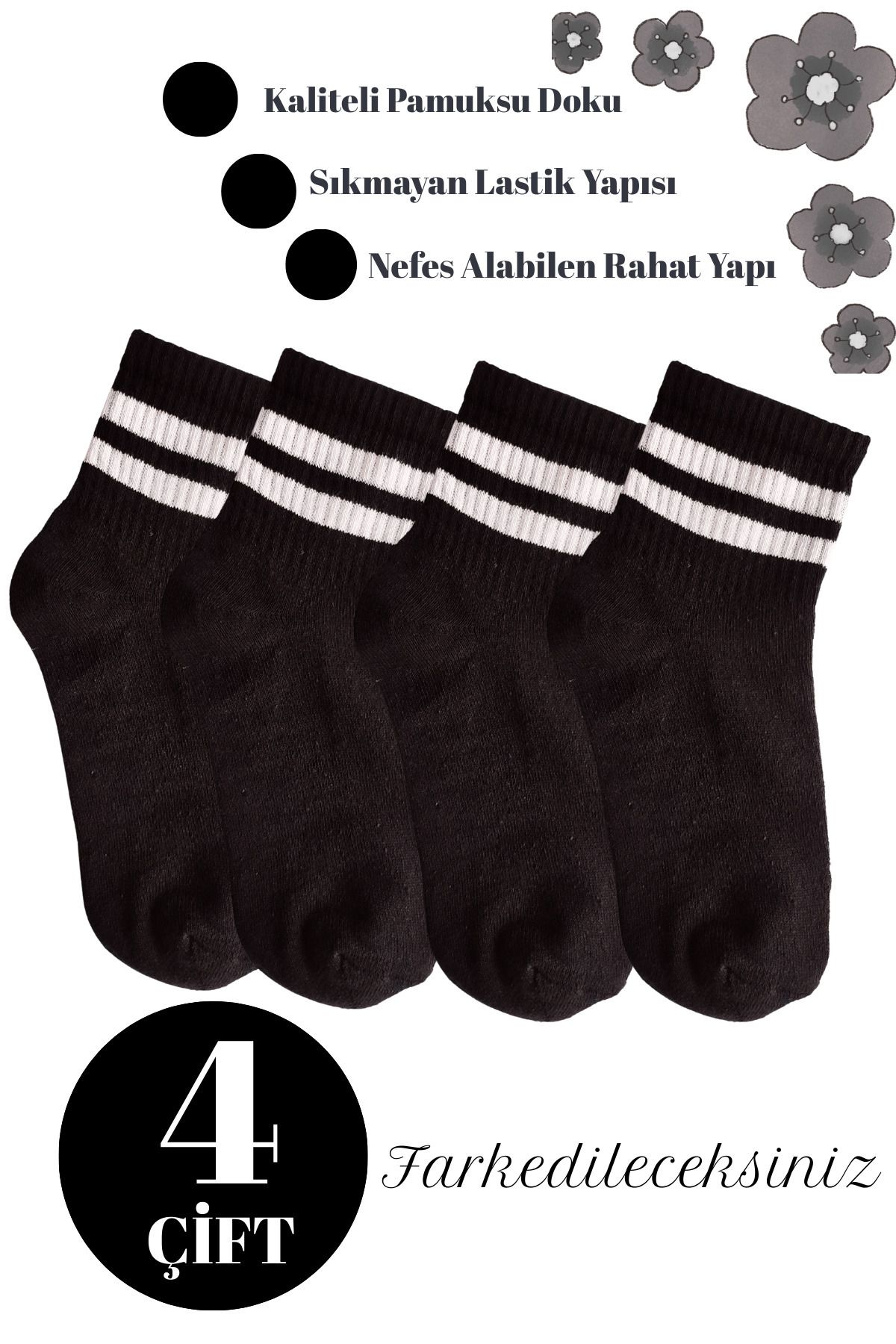 DİLRUBA AVM Unisex Kaliteli Pamuklu Yumuşak Kadın Erkek Halka Desenli Kolej Çorap (4 Çift)