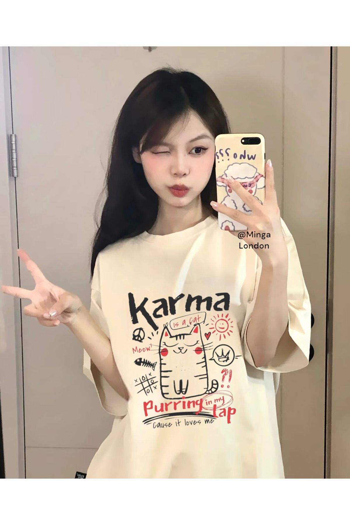 Minga London Bej Karma Cat Ön Baskılı Oversize Tshirt - Ghostella
