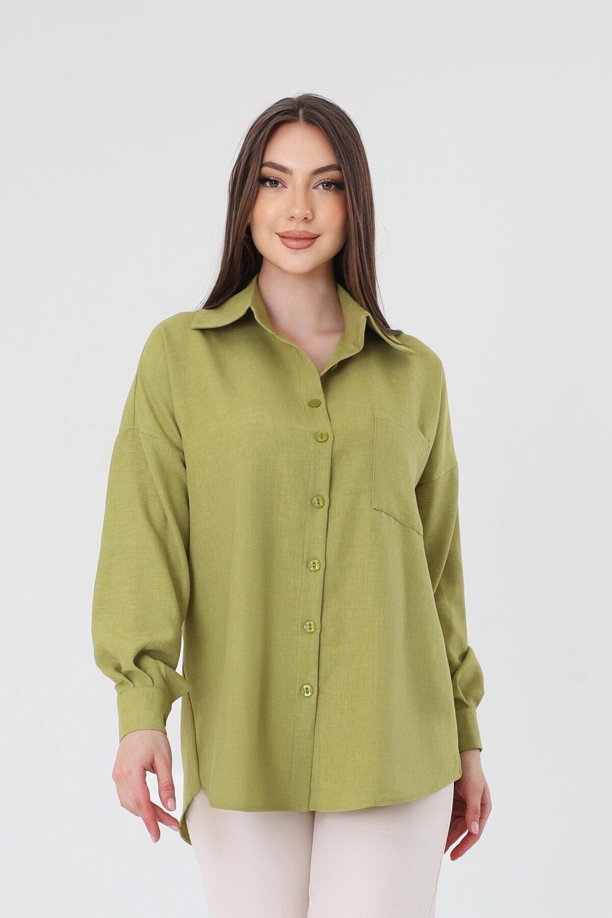 polle Tek Cepli Oversize Keten Gömlek- Yağ Yeşil