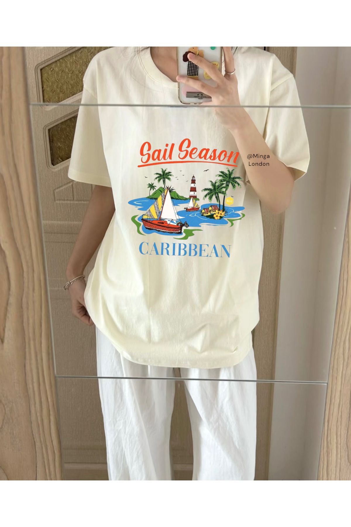 Minga London Bej Sail Season Ön Baskılı Oversize Tshirt - Ghostella