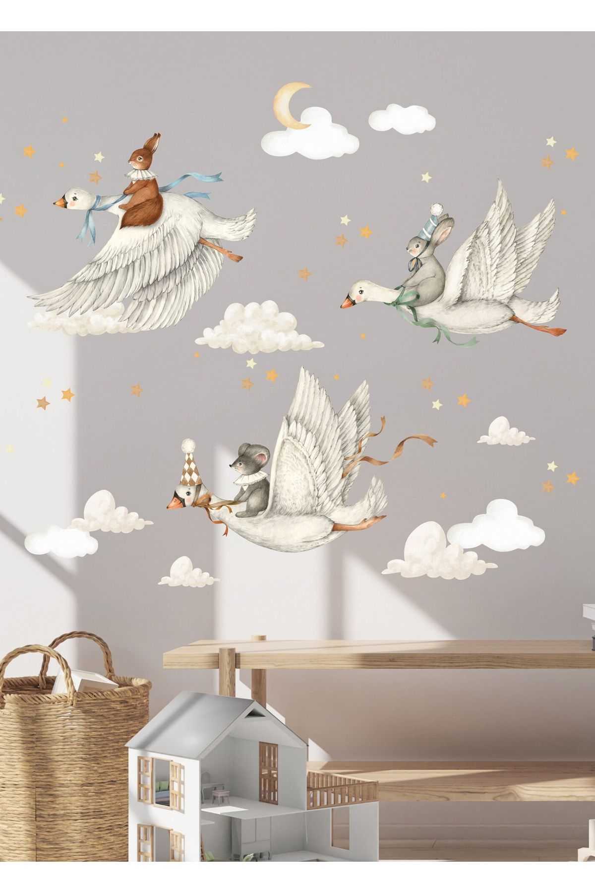 KT Decor Büyülü Yaşam Sevimli Kuğular Fareler ve Tavşanlar Çocuk Odası Duvar Sticker Seti