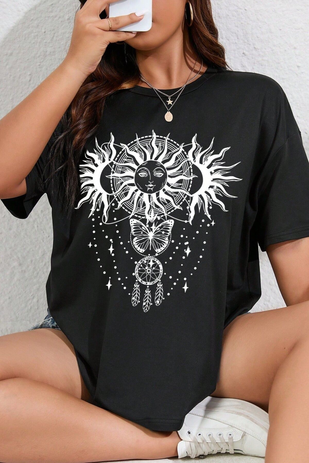 PALPİTO Kadın Siyah Güneş Kelebek Baskılı Oversize T-Shirt