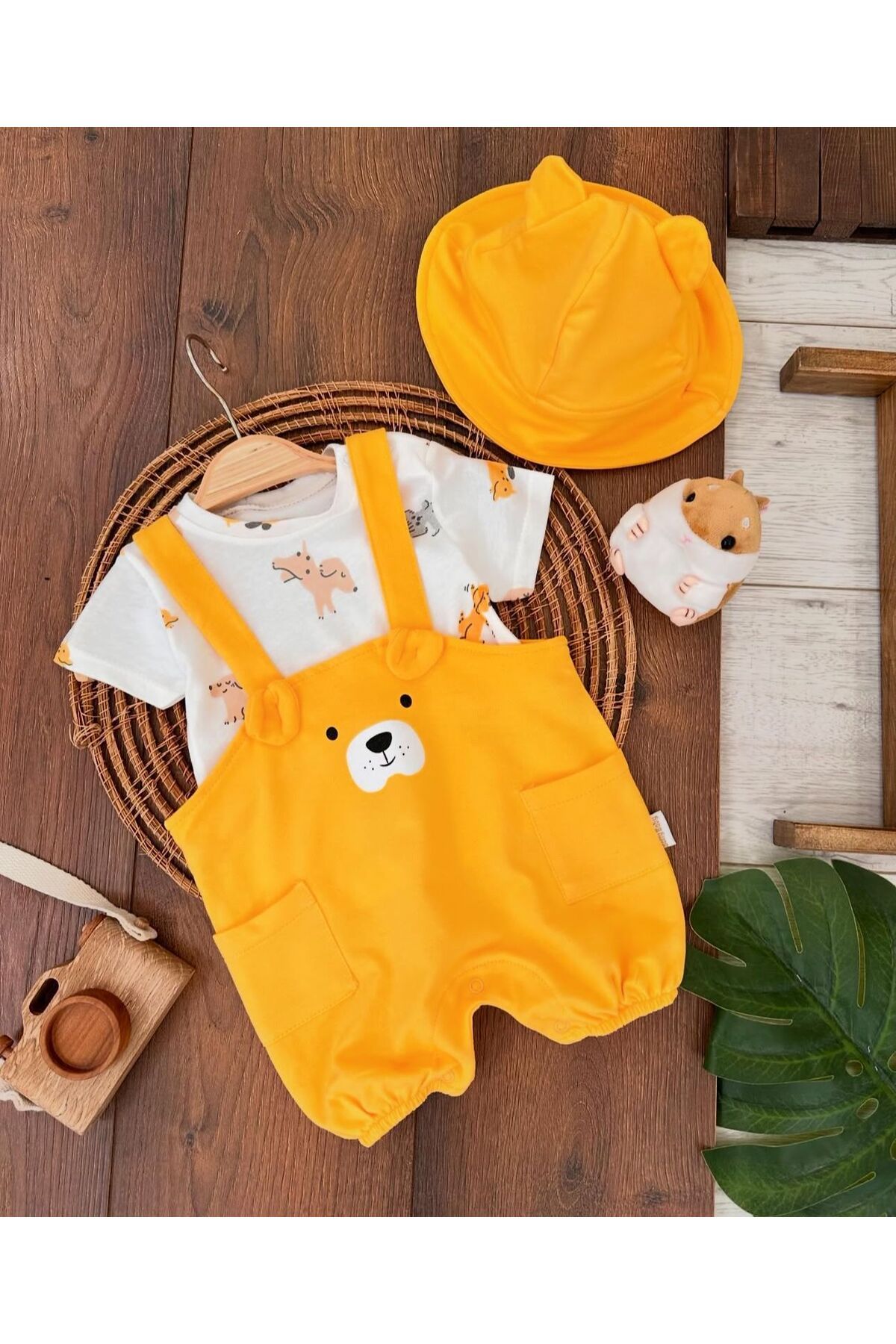 Lino Baby Şapkalı Kulak Detaylı Alttan Çıtçıtlı Badili Salopet 3lü Erkek Bebek Takım