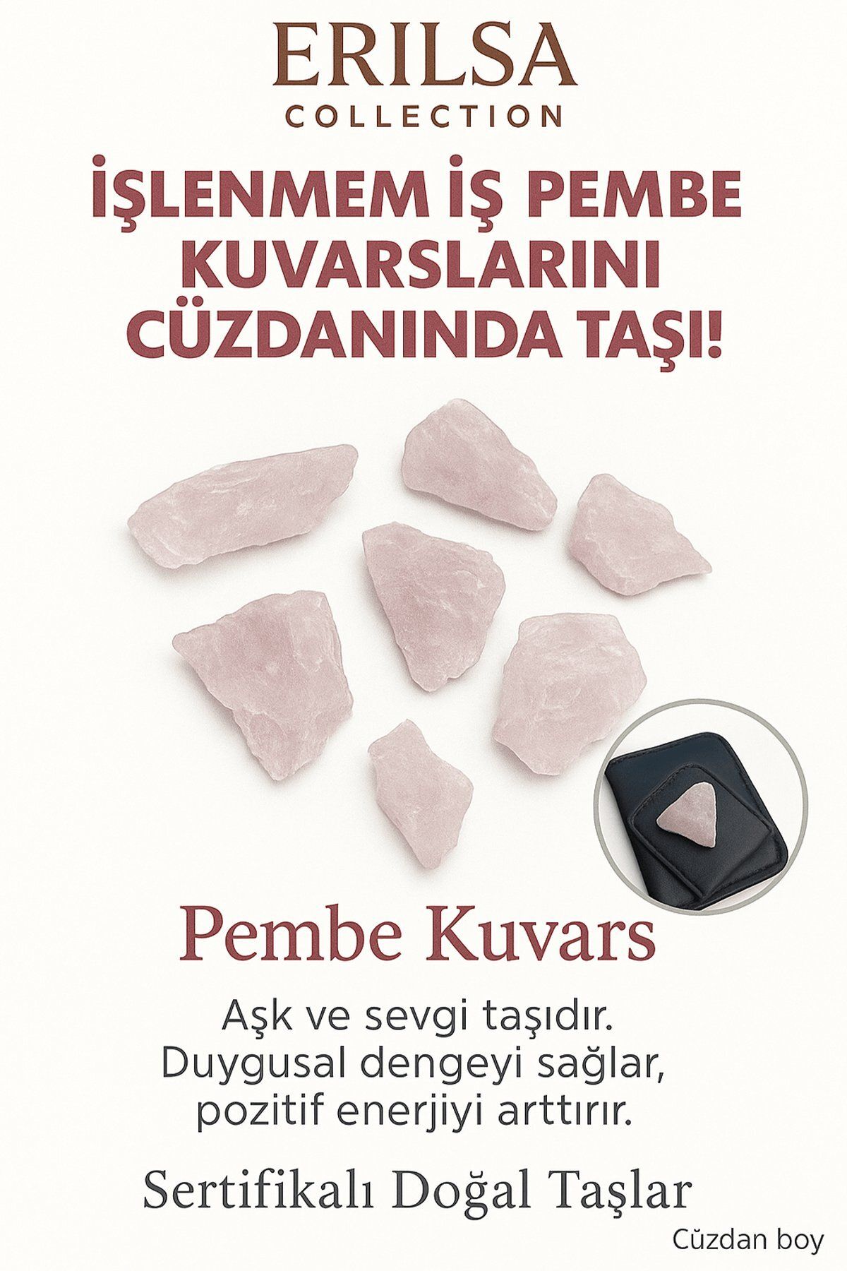 Erilsa Sertifikalı Ham Cüzdan Boy Kristal Kuvars Taşı Kütle - Günlük Arınma ve Enerji Temizliği Taşı