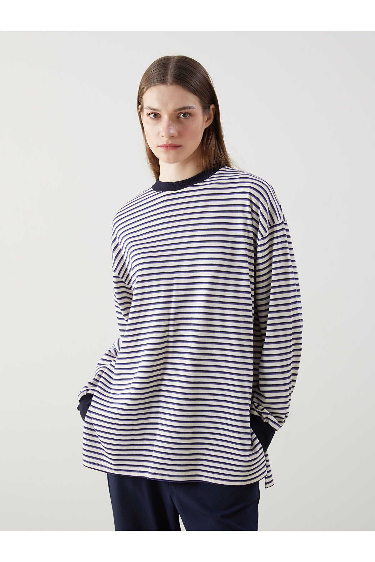 LC Waikiki Bisiklet Yaka Çizgili Oversize Kadın Tunik