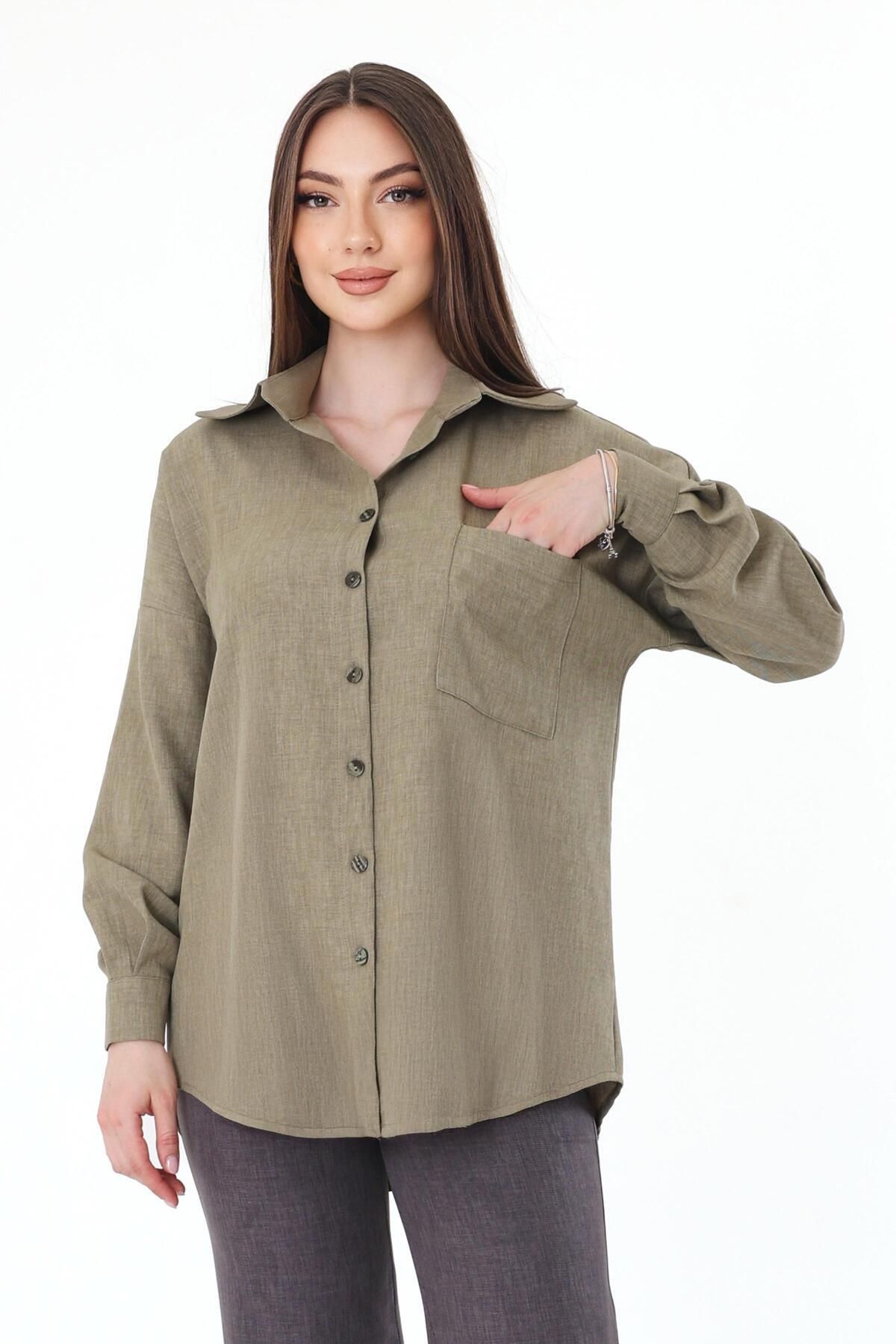 polle Tek Cepli Oversize Keten Gömlek- Haki