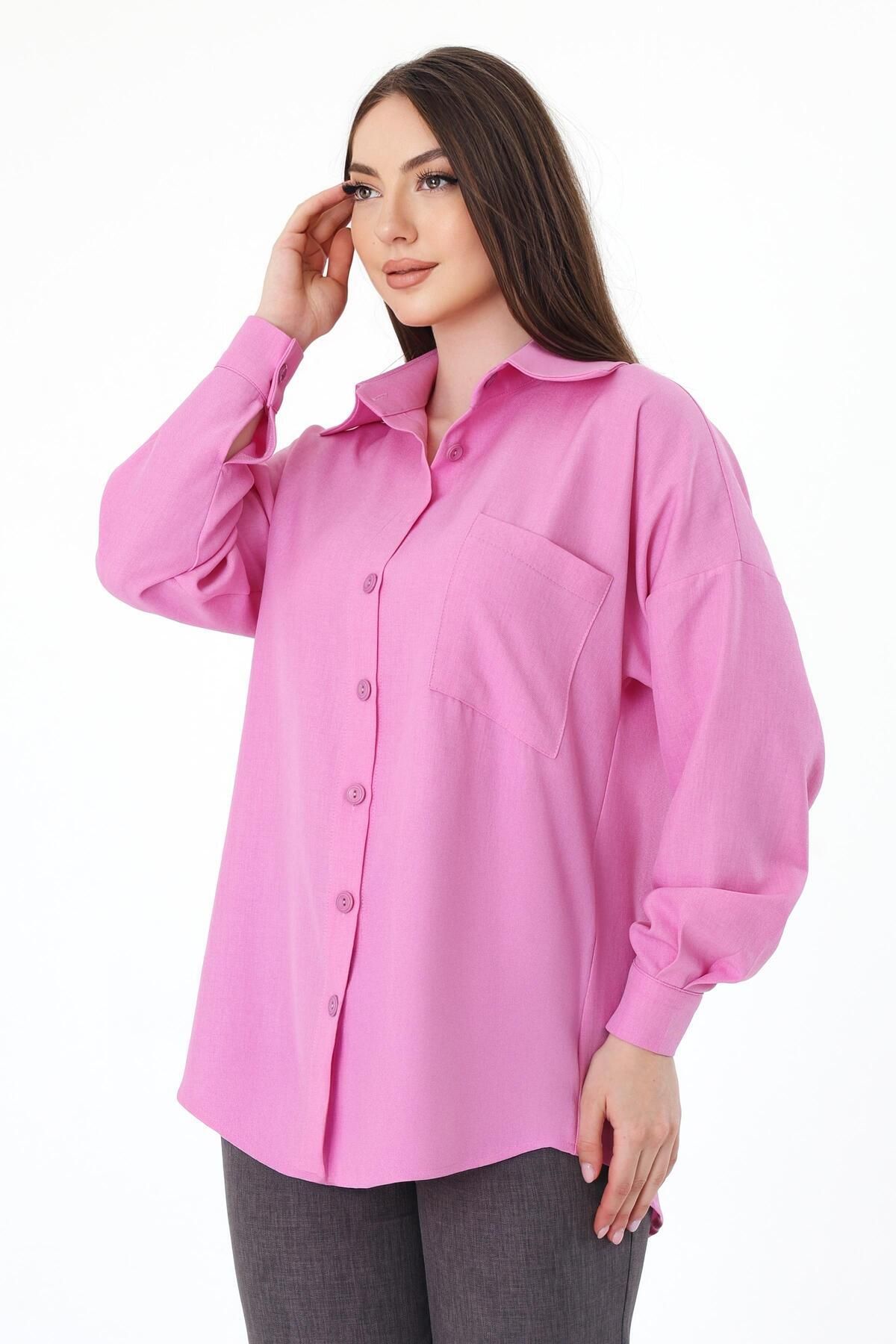 polle Tek Cepli Oversize Keten Gömlek- Pembe
