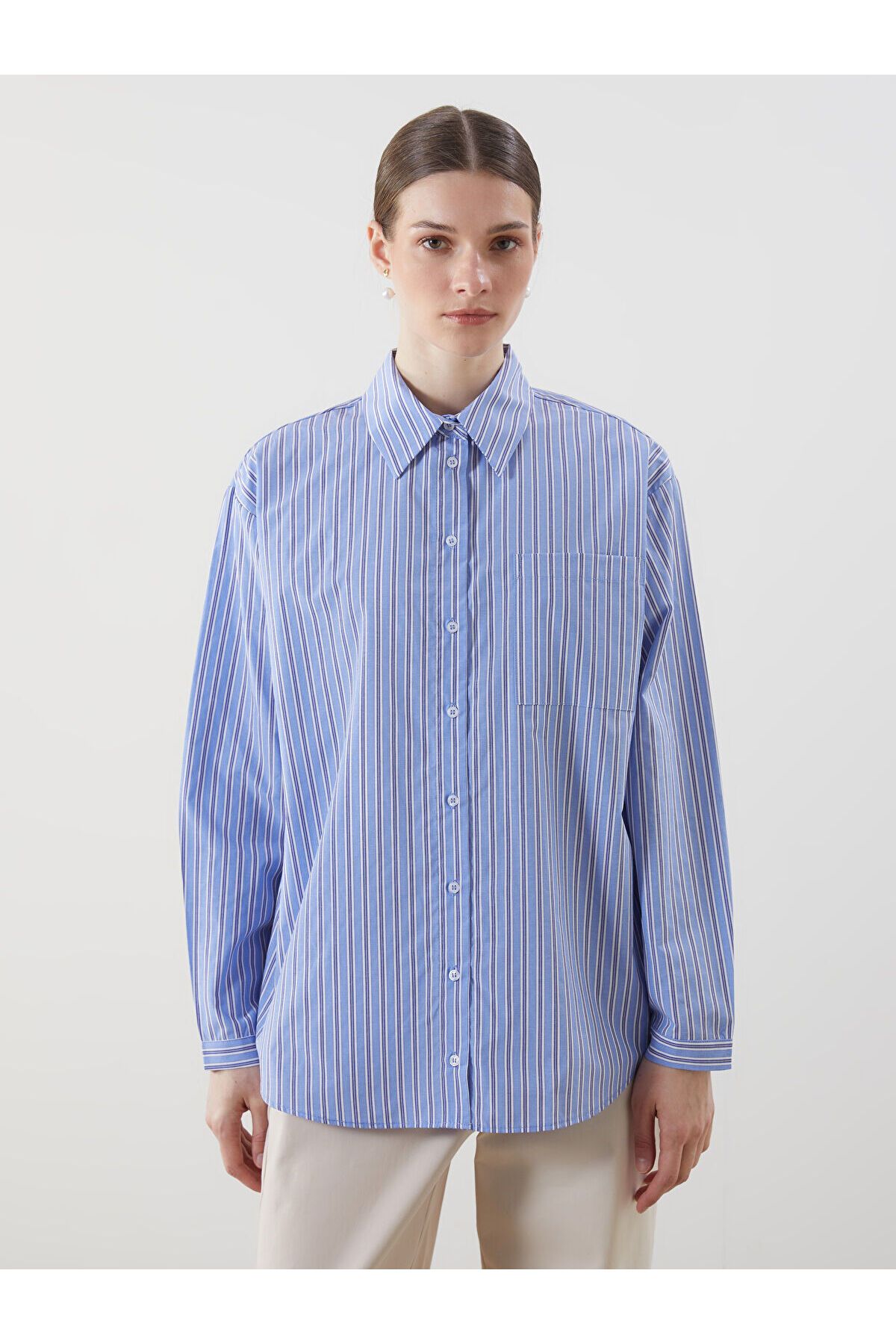 LC Waikiki Çizgili Oversize Poplin Kadın Gömlek Tunik