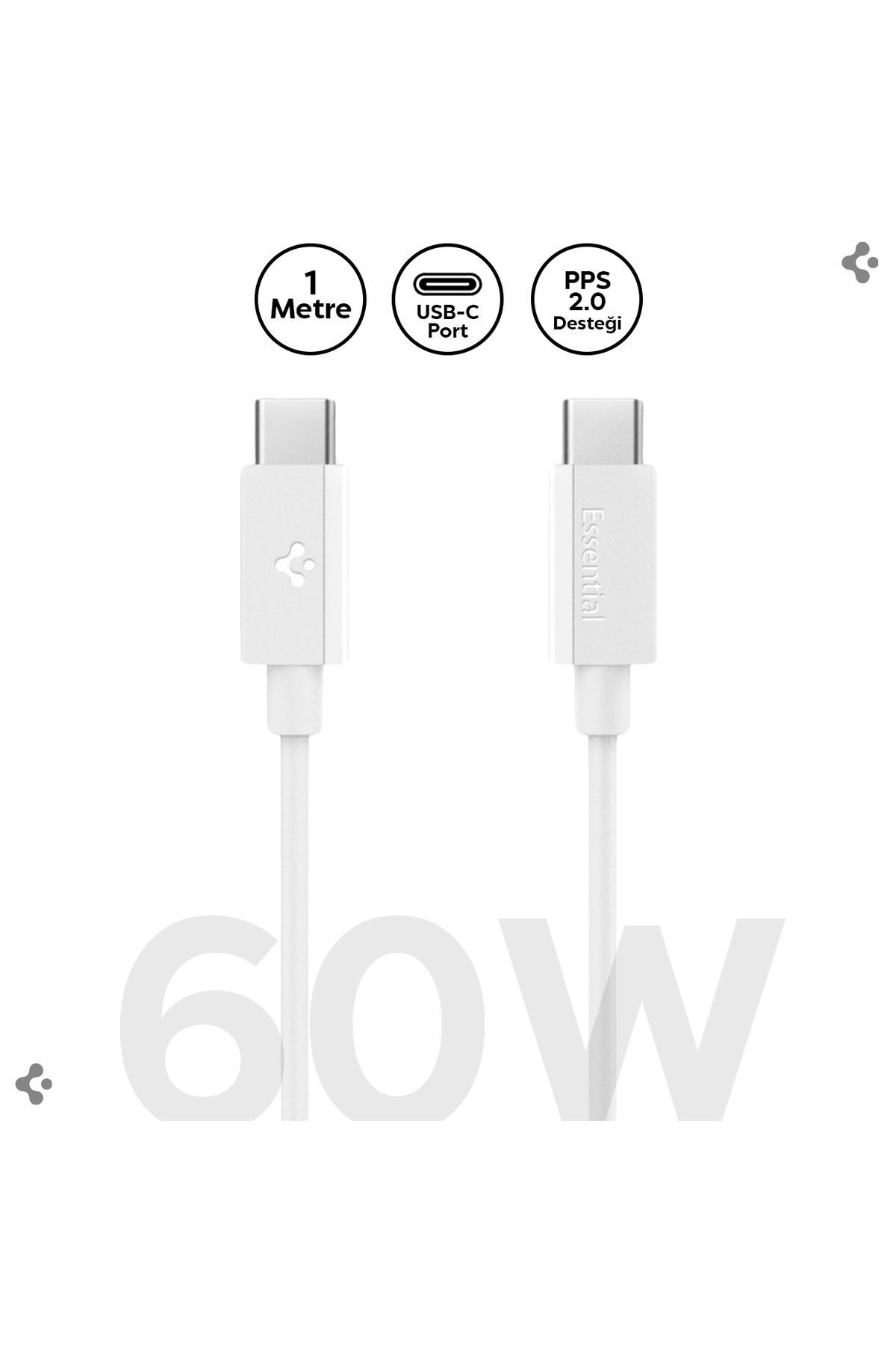 USB-C to USB-C 1 Metre Kablo 60W Güç / PPS 2.0 Super Hızlı Şarj / 480 Mbps Type-C White - ACA08717
