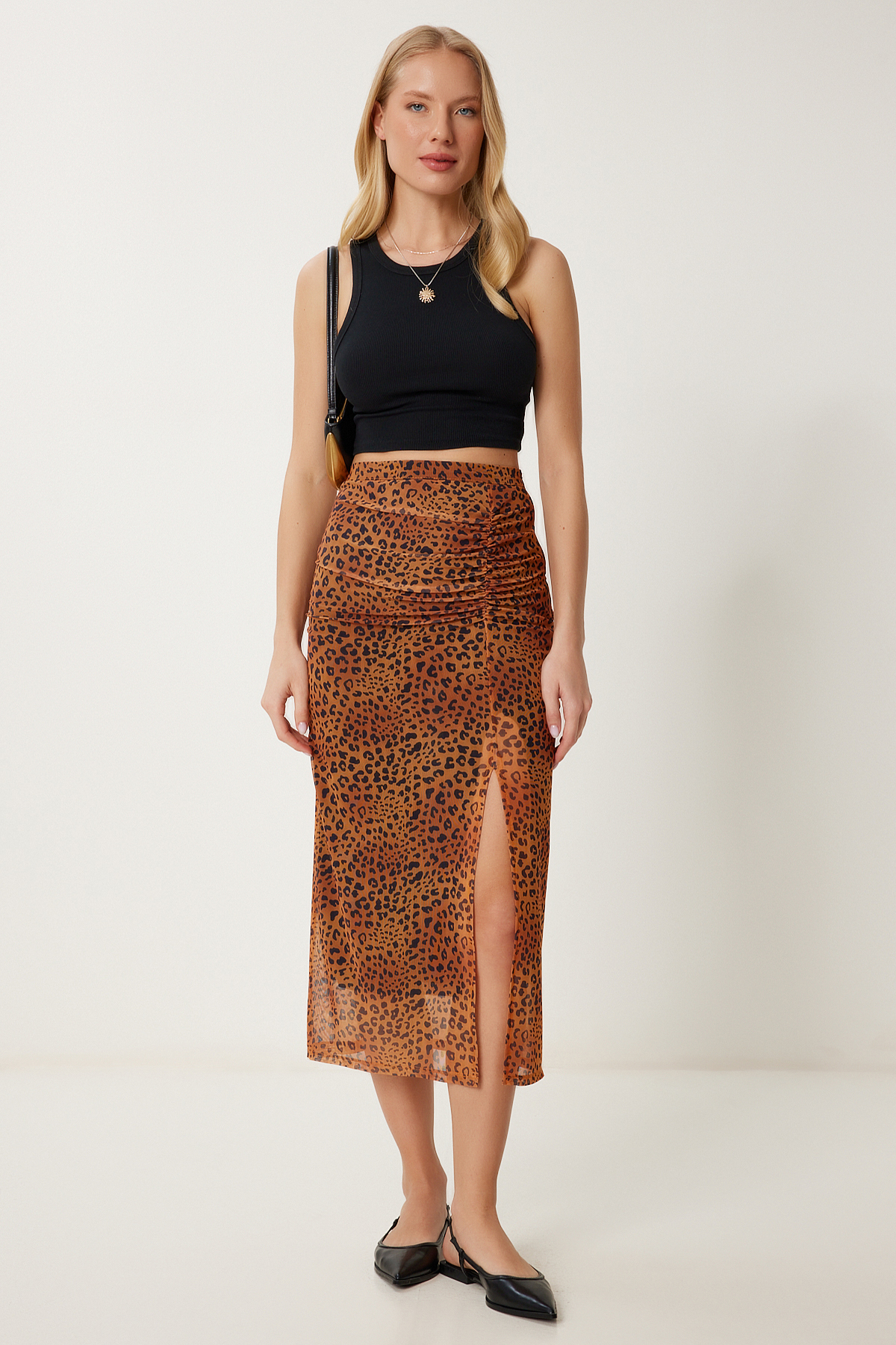 Happiness İstanbul  Kadın Camel Leopar Desenli Yırtmaçlı Esnek Şifon Etek CR00490 - Görsel 2