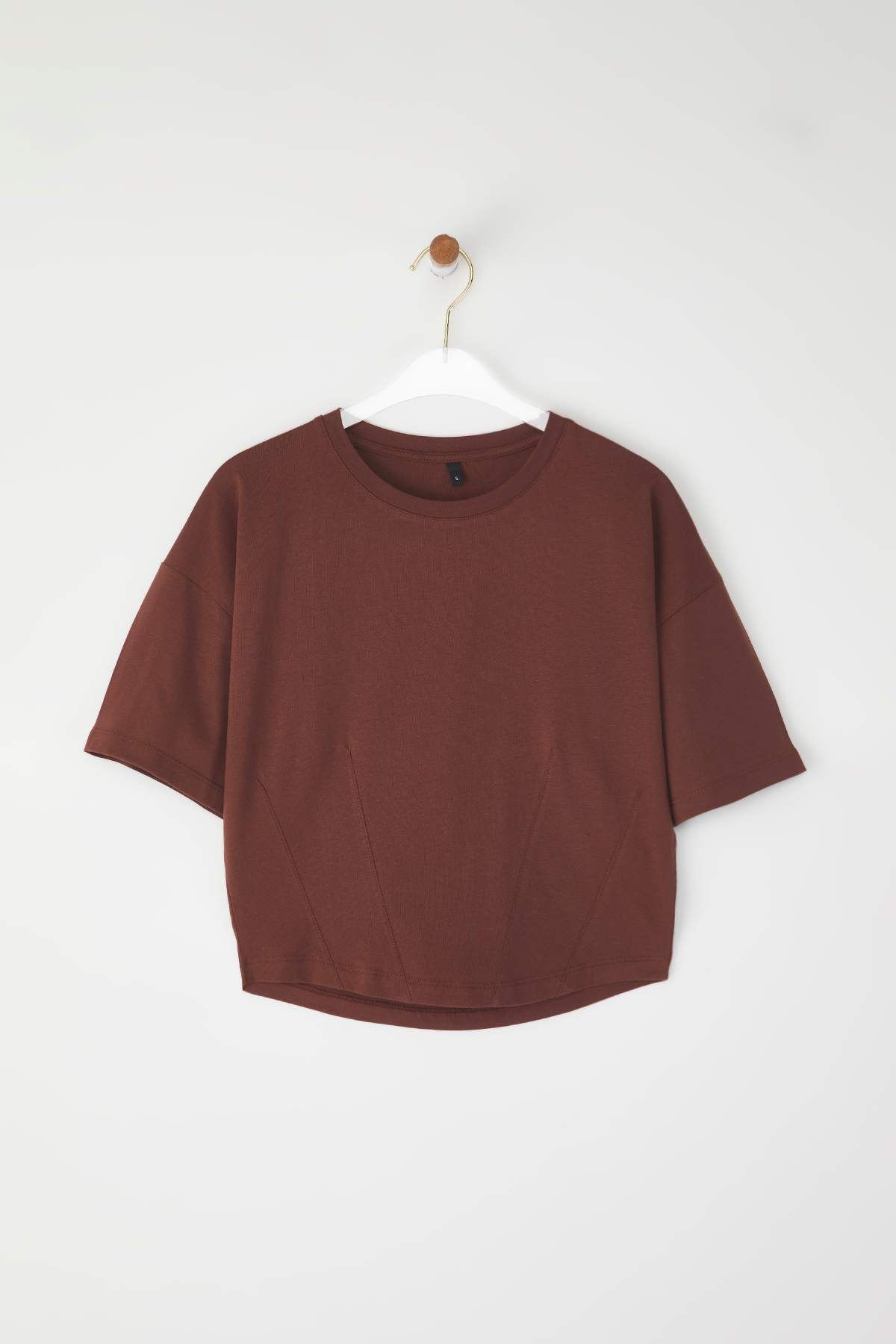 Trendyol Collection-Καφέ Crop κανονικό πλεκτό T-shirt TEDSS24TS00008 1