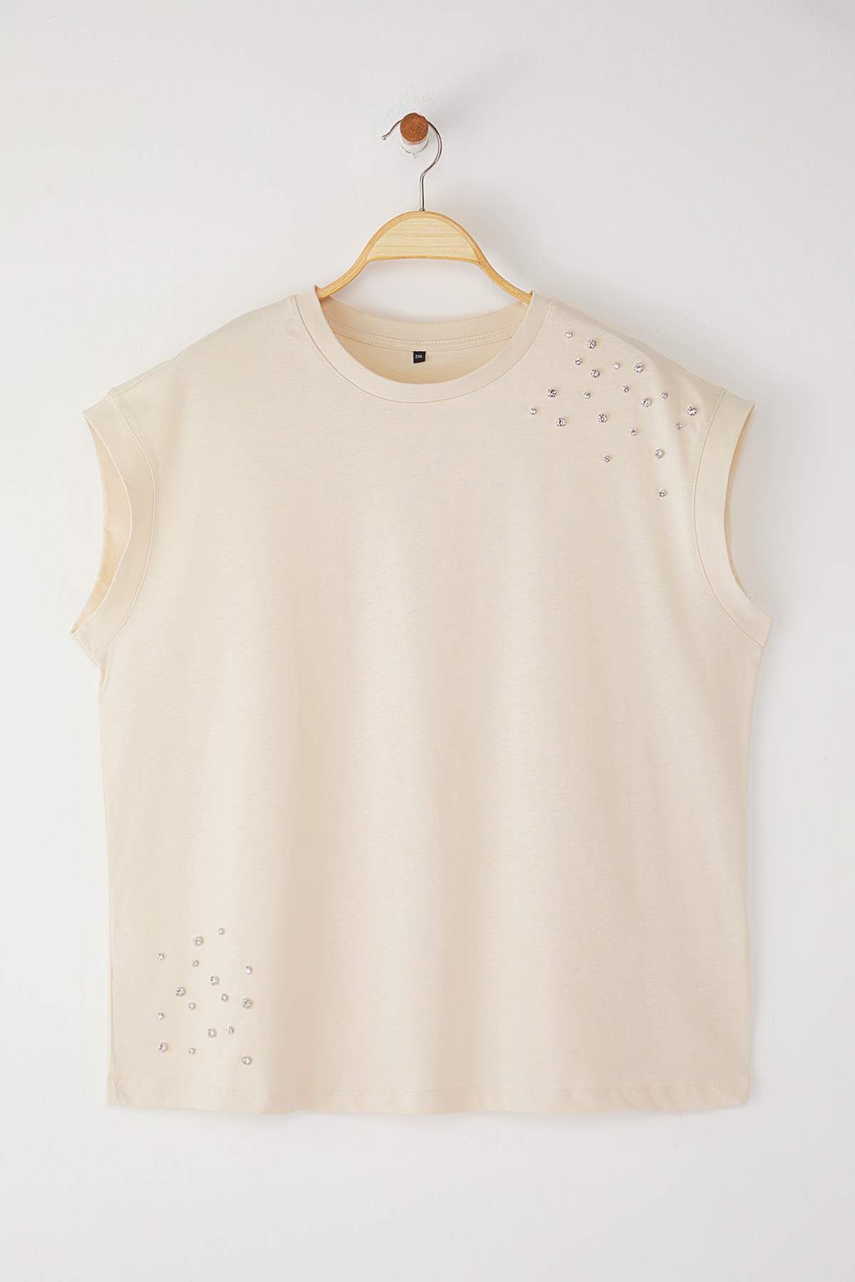 Trendyol Curve-Beige Crew Neck Stone 100% Cotton Knitted T-Shirt Tbbss23Bf00041 5