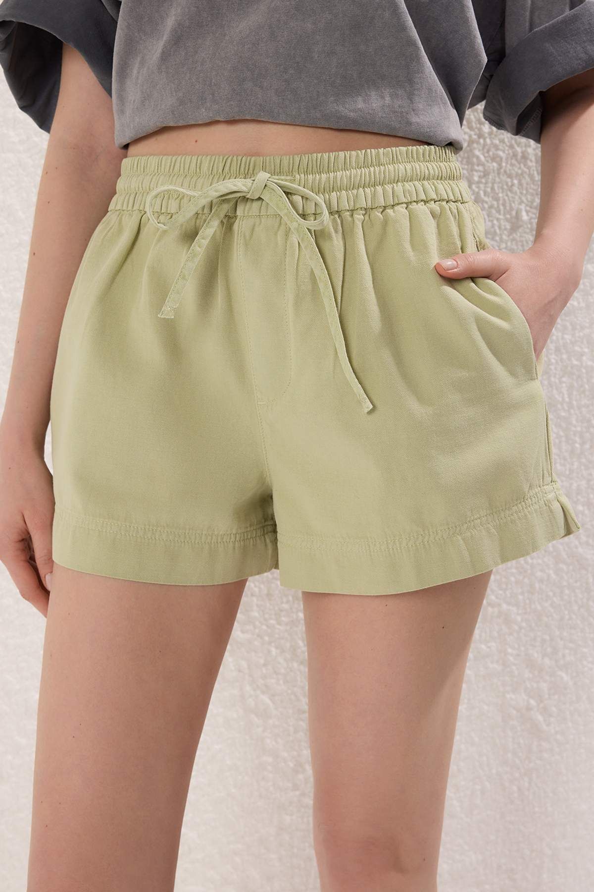 Trendyol Collection-Khaki High Waist Elastic City Boy Denim Shorts Twoss25Sr00215 3
