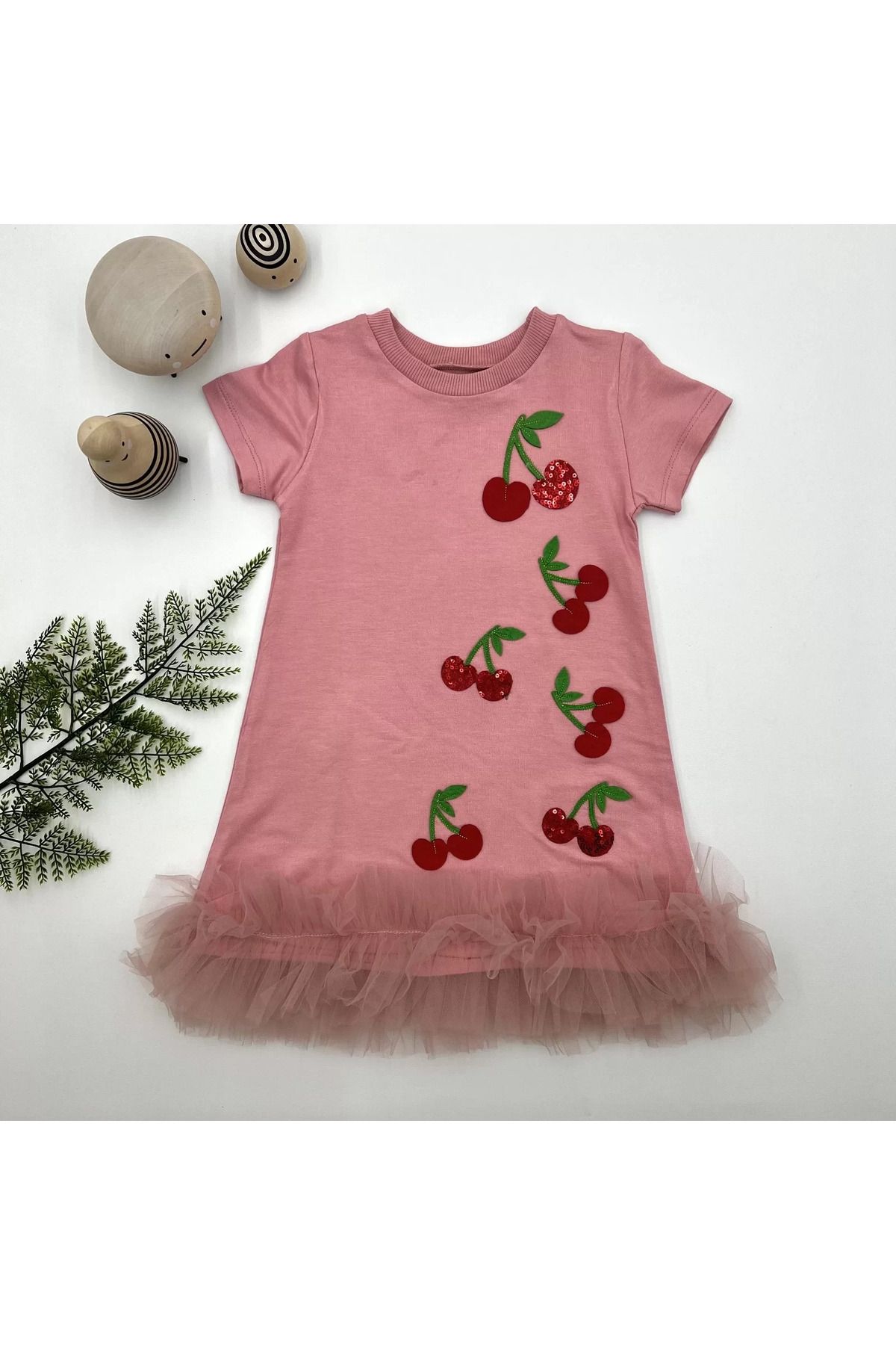 onlinebutik Petli Kiraz Nakışlı Eteği Fırfırlı Jile Kız Çocuk Elbisesi Gül Kurusu