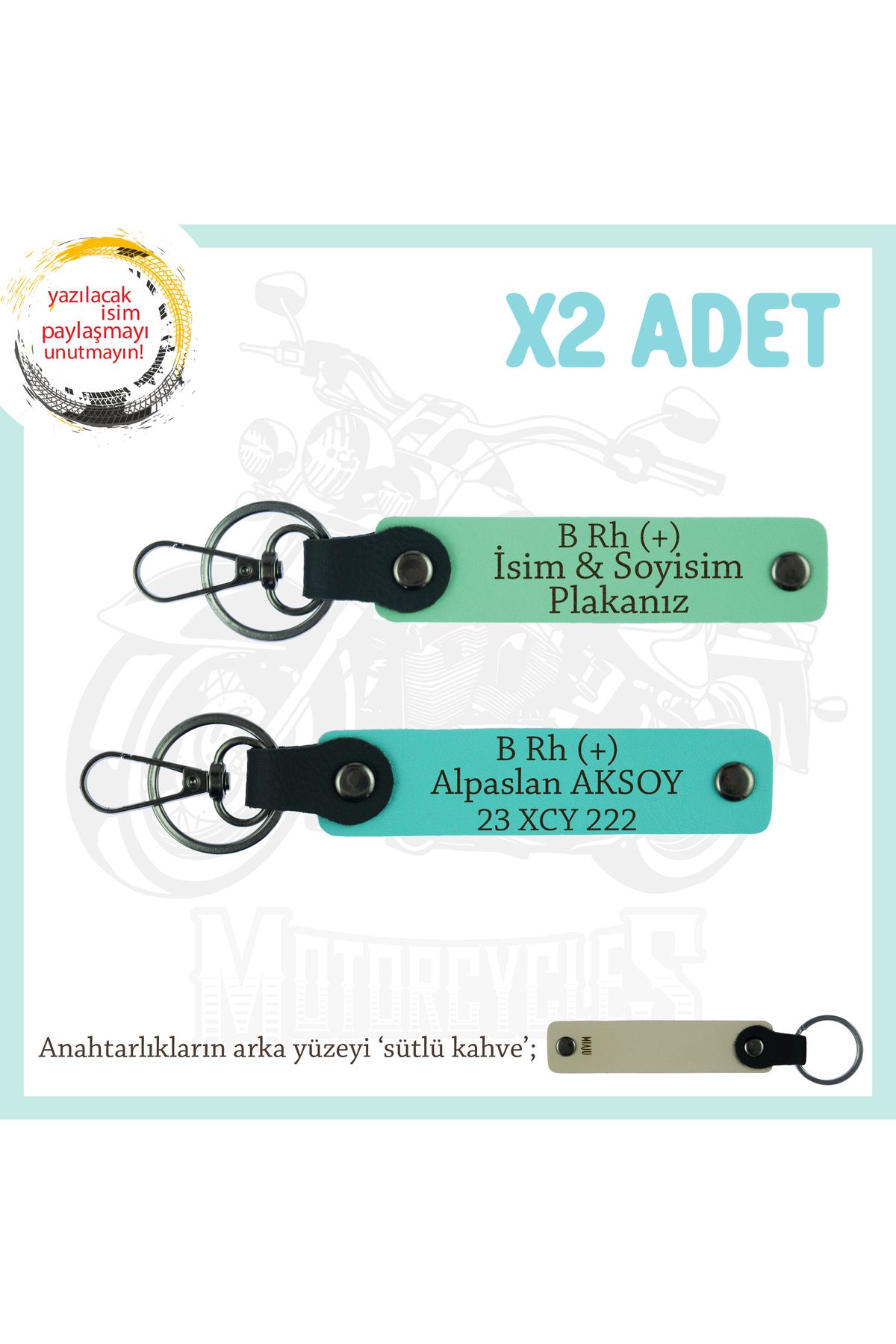 Miaju Motor Severlere Özel, İsim Plaka ve B Rh (+) Kan Grubu Yazılı x2 Anahtarlık Takım, Yeşil-Turkuaz-SK