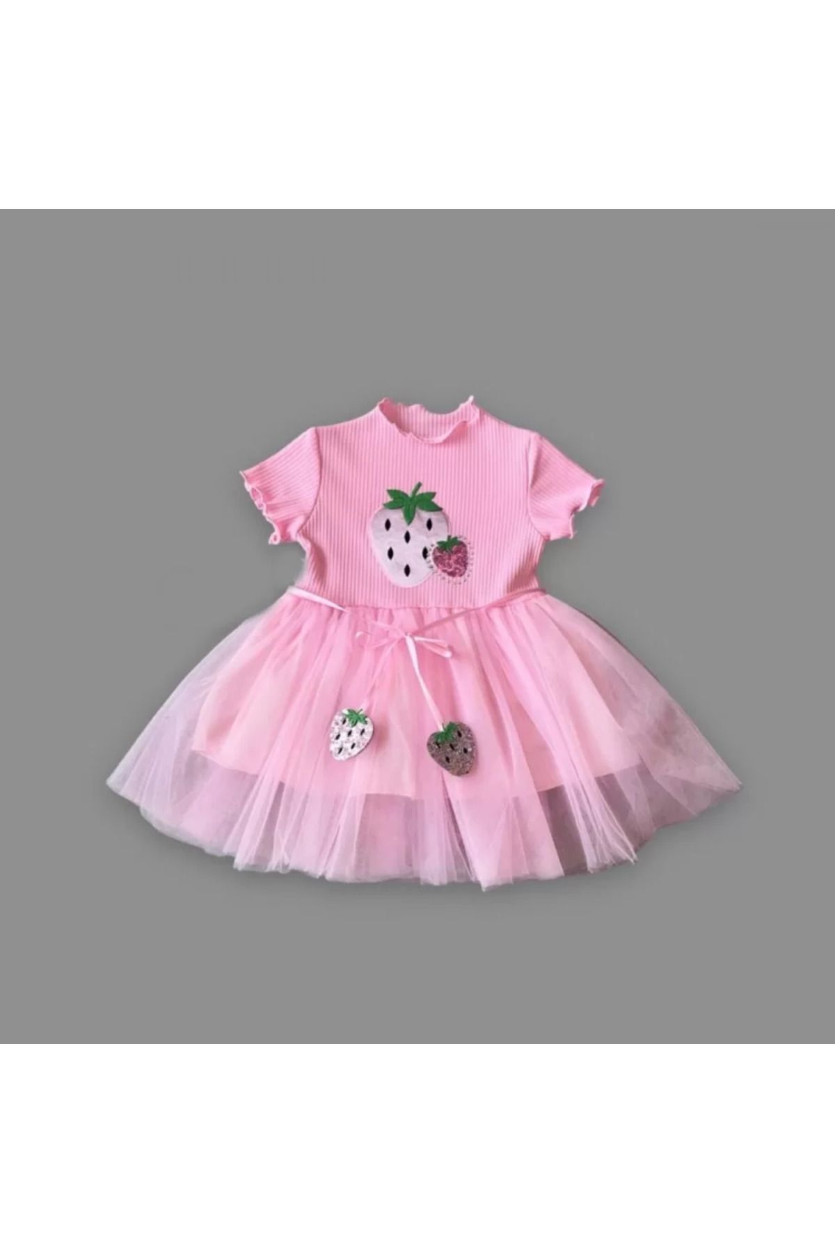 onlinebutik Petli Çilek Baskılı Çilek Kuşaklı Kız Bebek Elbisesi Pembe