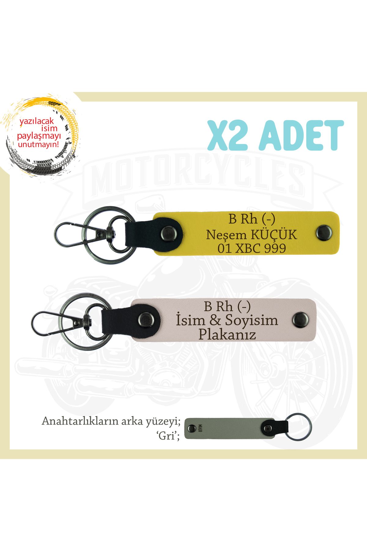 Miaju Biker Dostlarına Özel, İsim Plaka ve B Rh (-) Kan Grubu, Hediyelik Deri x2 Anahtarlık, Pudra-Sarı-Gr