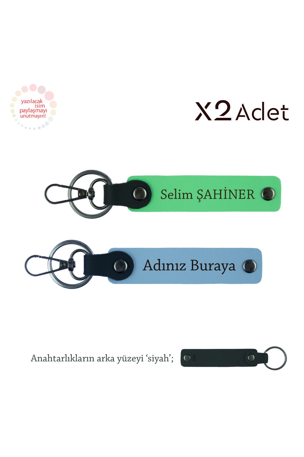 Miaju Anneye Manevi Armağan, İsim, Soyisim Kişiselleştirilmiş 2’li Anahtarlık, Gök Mavi-Fıstık Yeşil-Siyah