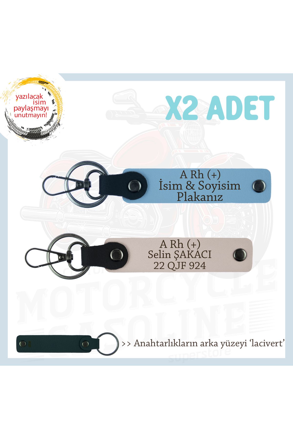 Miaju Motorcu Tarzına Özel İsim Plaka, A Rh (+) Kan Grubu Yazılı Hediyelik x2 Anahtarlık, Pudra-Mavi-Laci