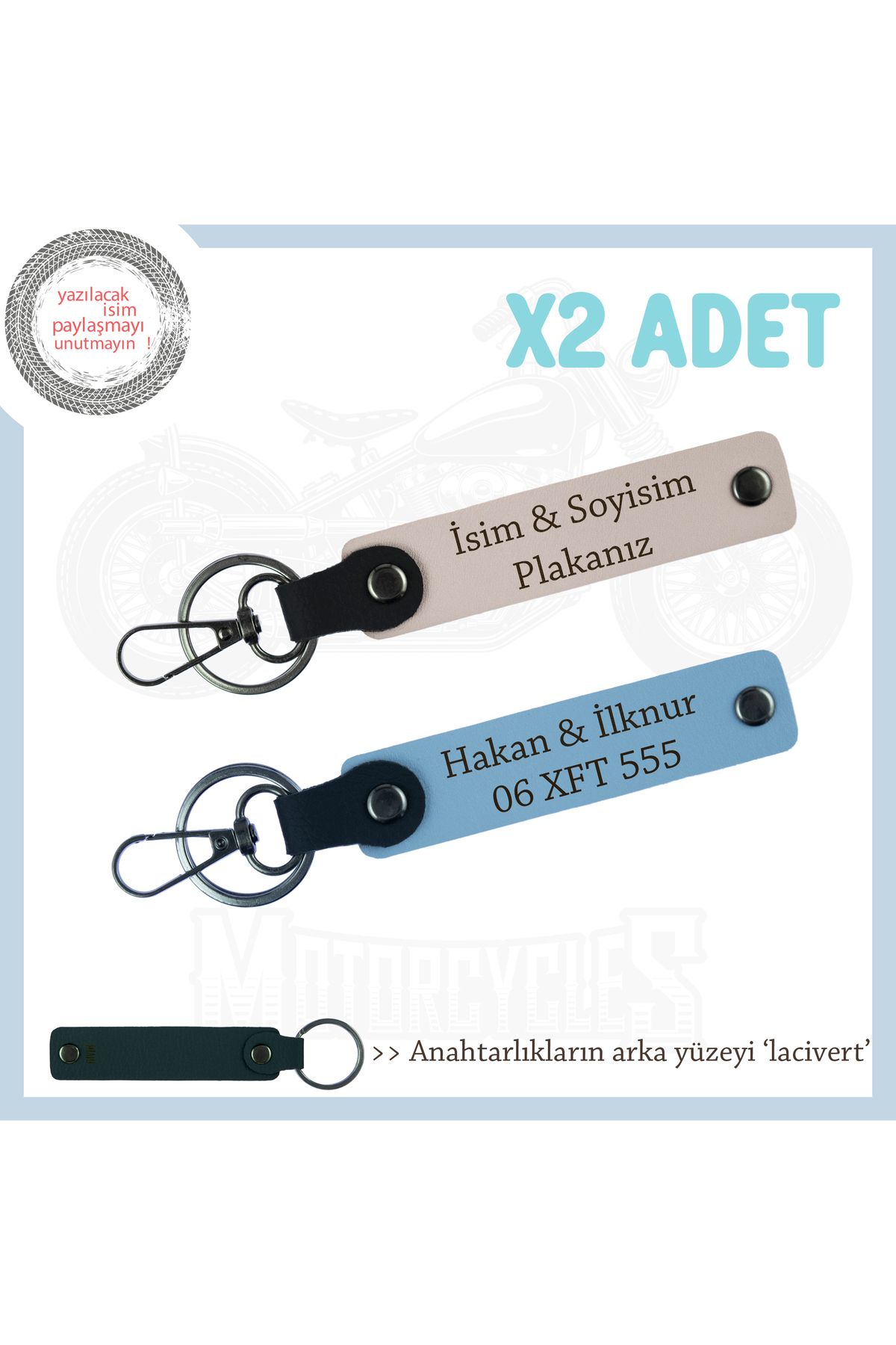 Miaju Scooter ve Motosiklet Severlere Kişiye Özel x2 Anahtarlık, İsim & Plaka Yazılı, Pudra-Gök Mavi-Laci