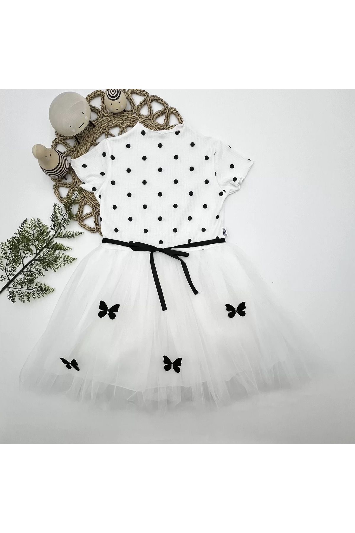 onlinebutik Puantiyeli Kelebek Etekli Astarlı Kız Çocuk Elbisesi Beyaz