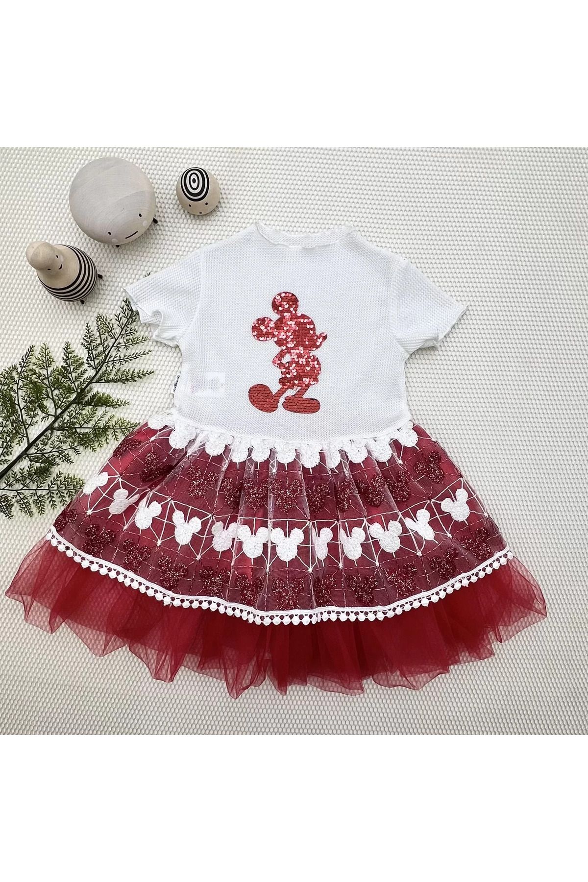 onlinebutik Petli Mickey Baskılı Brode Etekli Kız Bebek Elbisesi Kırmızı