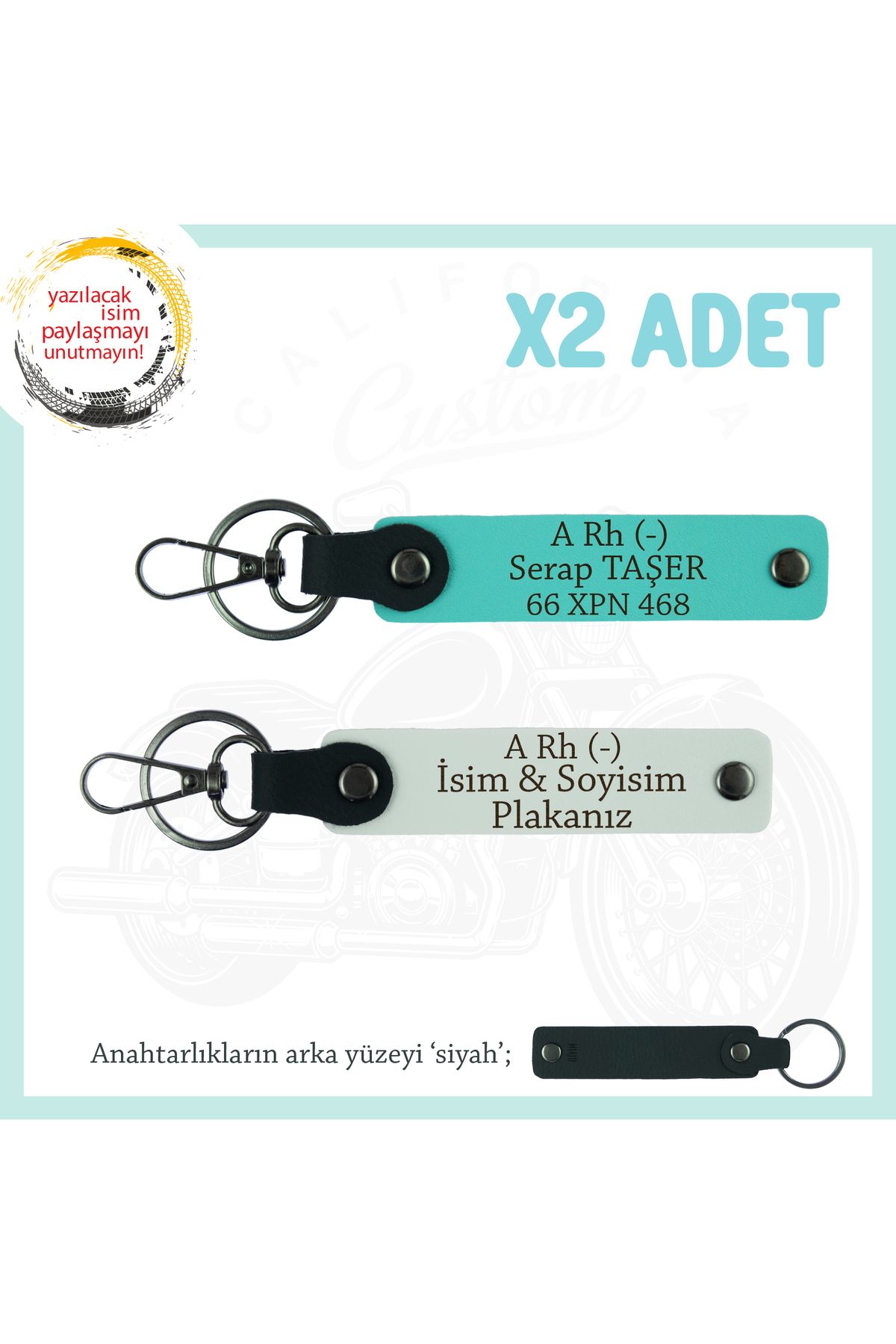 Miaju Araç Severlere, İsim Plaka ve A Rh (-) Yazılı Özel Tasarım x2 Anahtarlık, Hediye , Beyaz-Turkuaz-Syh